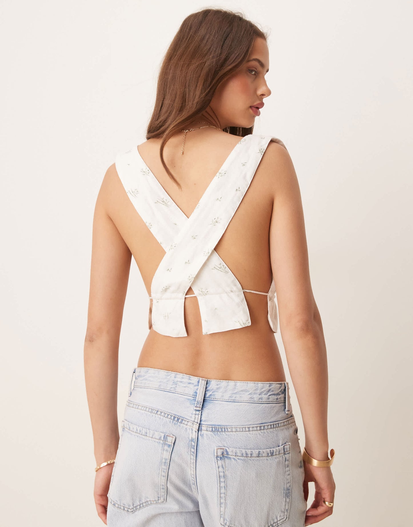 Esmee Exclusive tie front beach crop top in white ditsy print