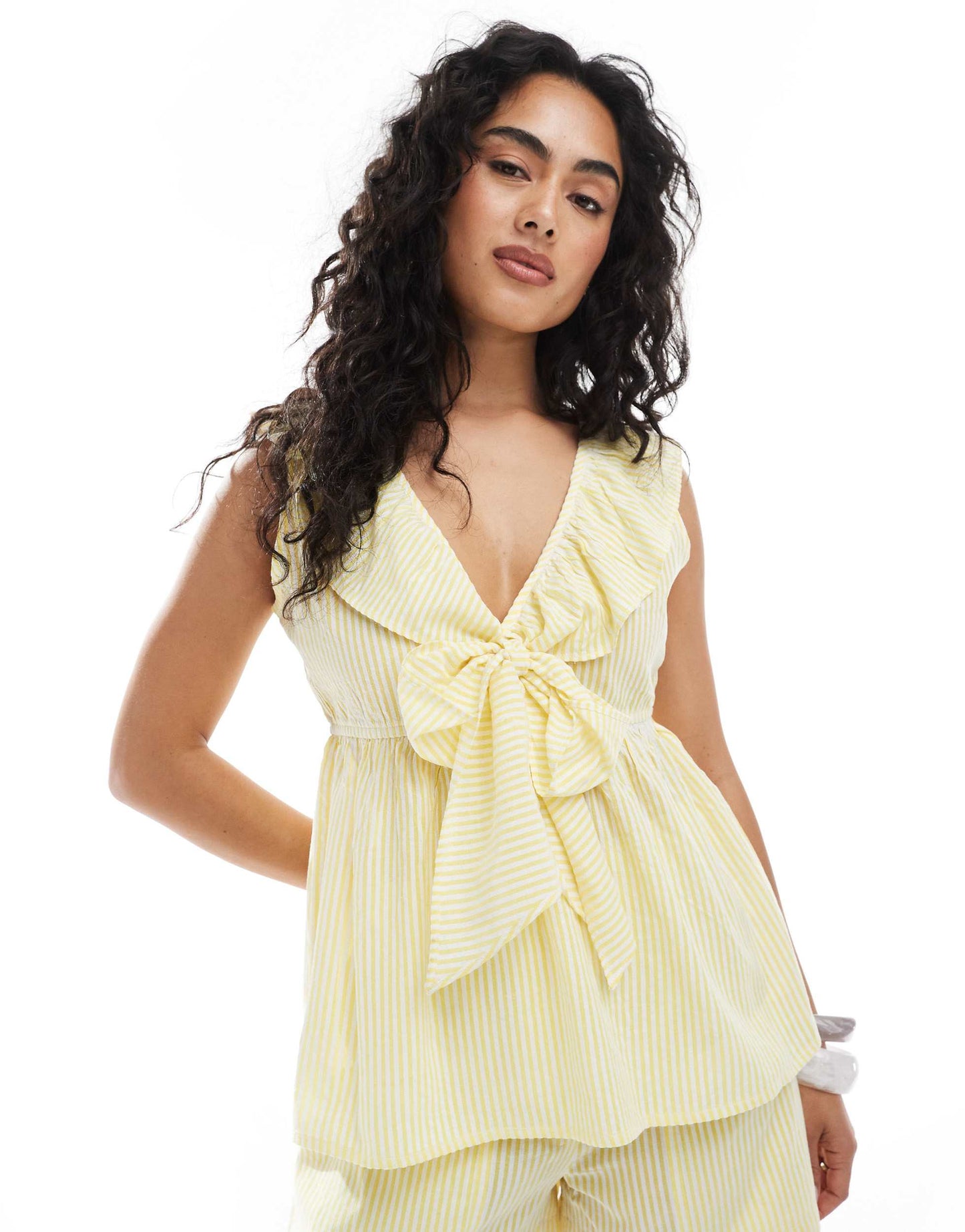 Esmee Exclusive tie front frill collar beach top in yellow and white stripe