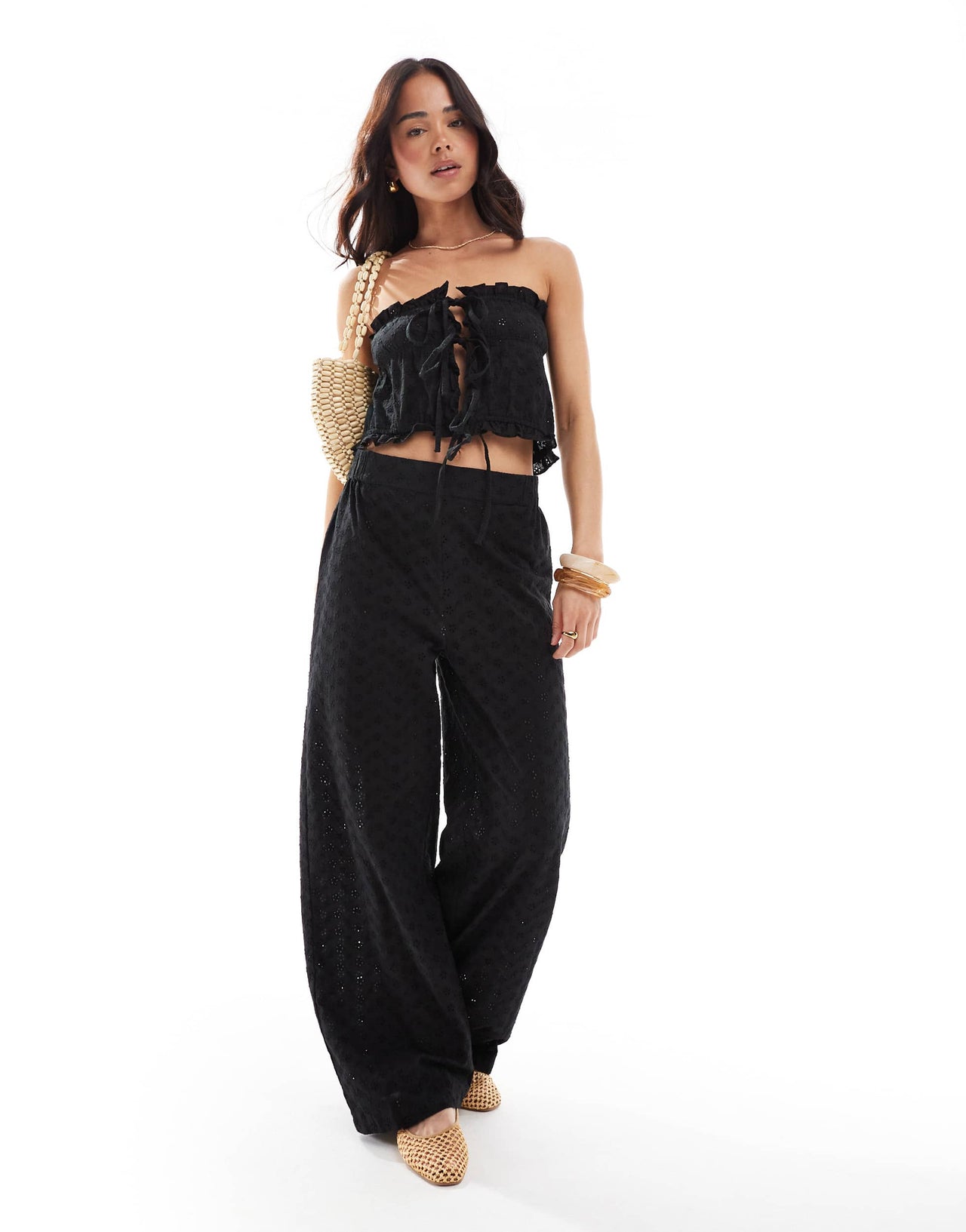 Esmee Exclusive broderie beach trousers in black