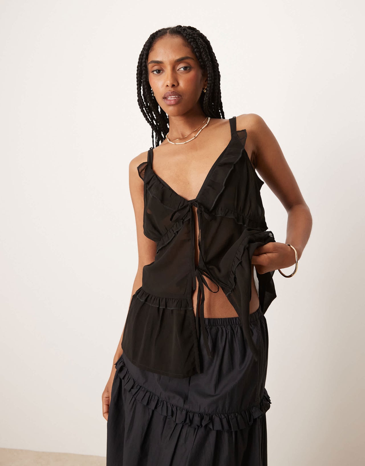 Esmee Exclusive tie front mesh beach top in black