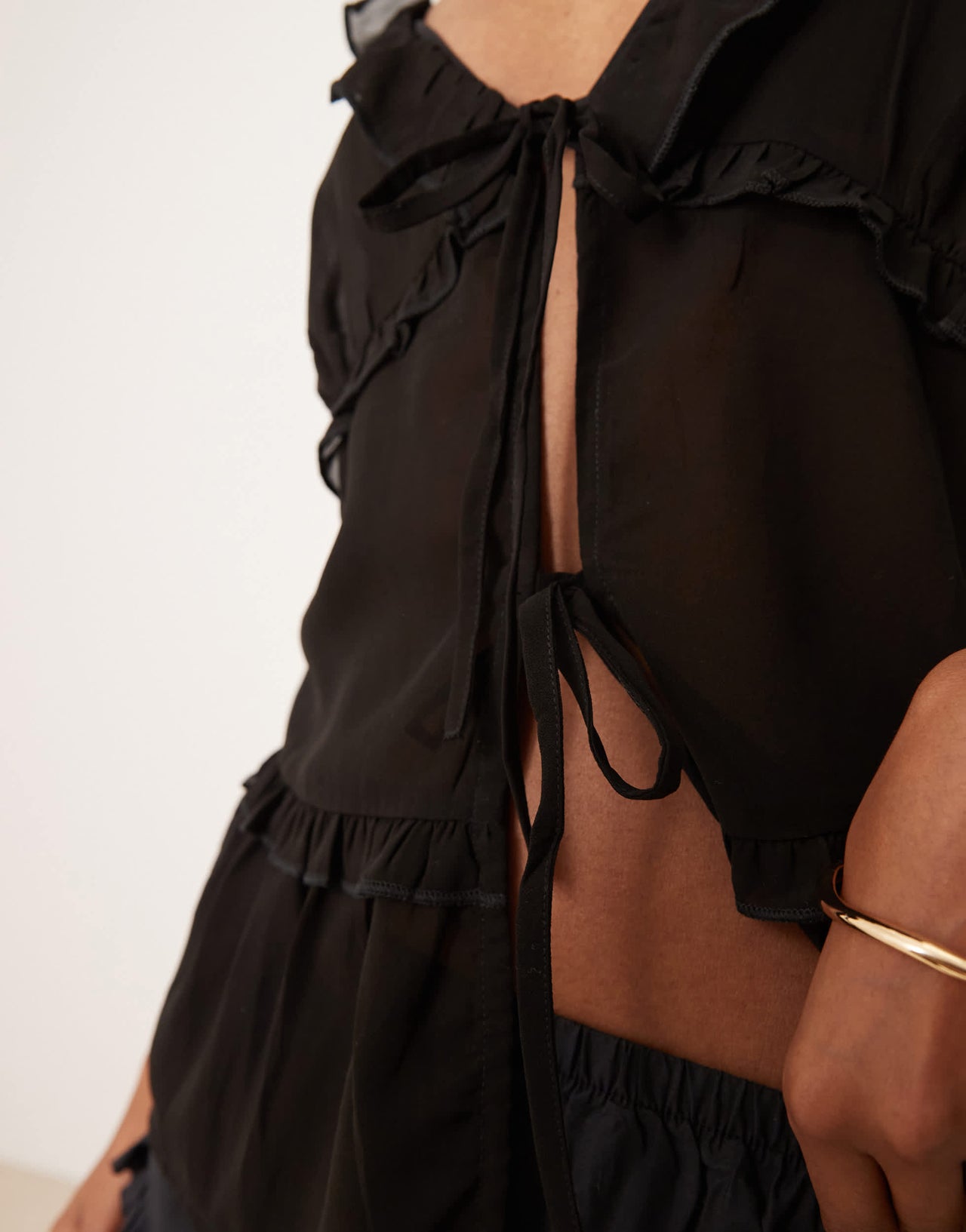 Esmee Exclusive tie front mesh beach top in black
