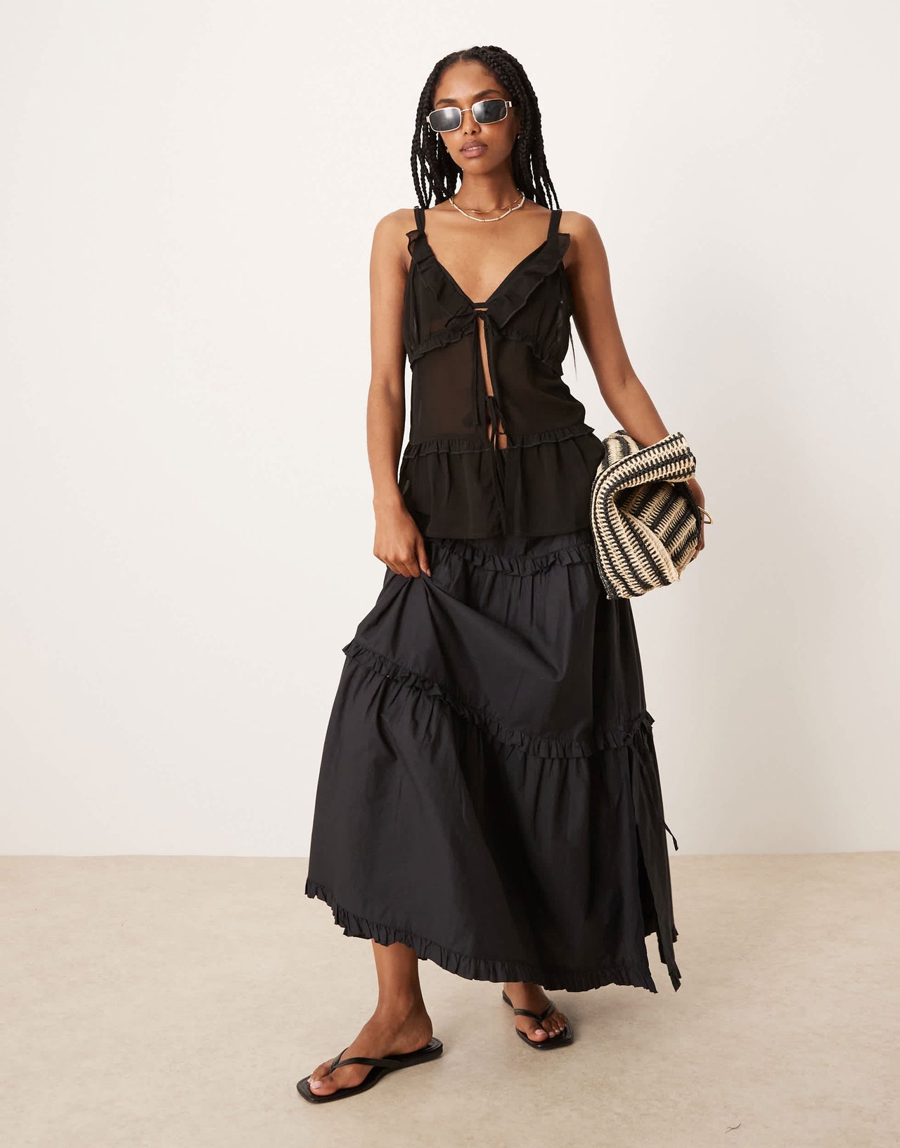 Esmee Exclusive tie front mesh beach top in black