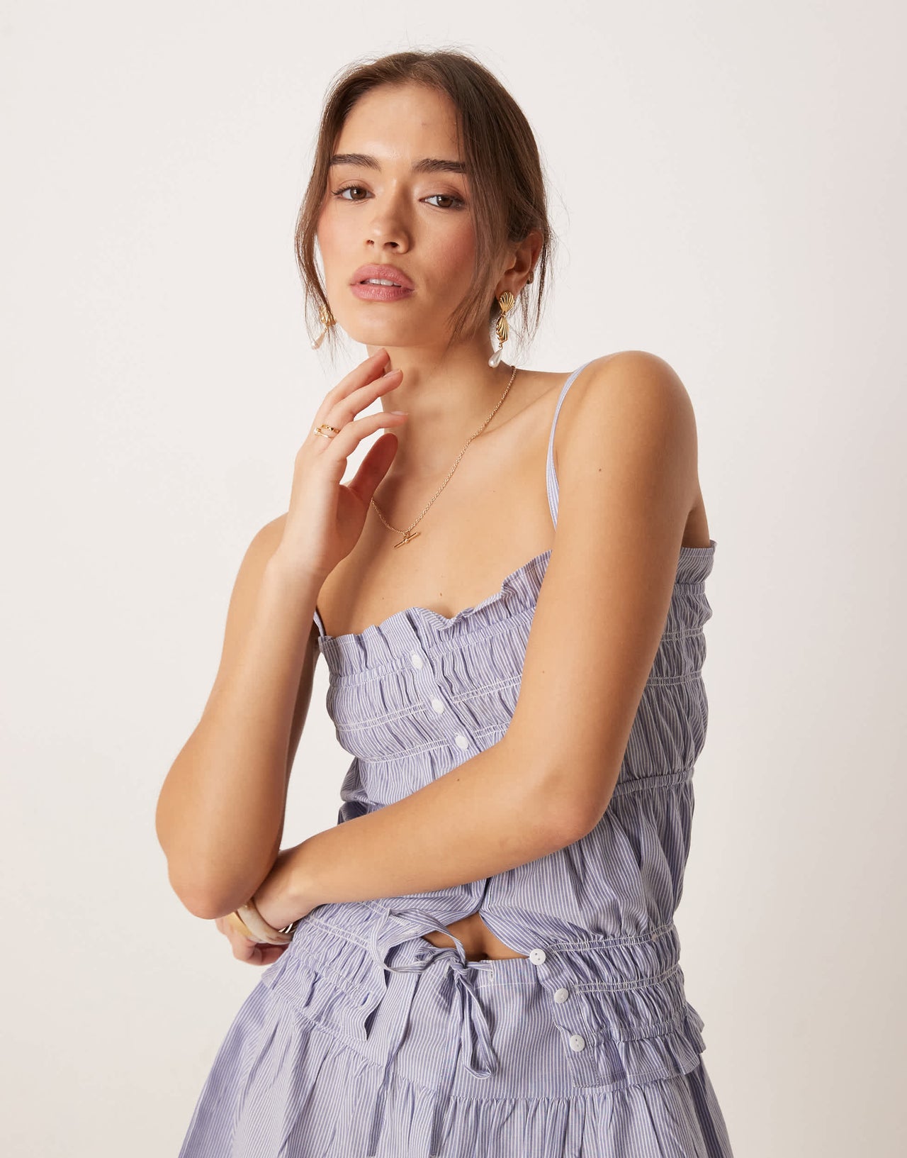 Esmee Exclusive tiered beach crop top with trim detail in blue and white stripe