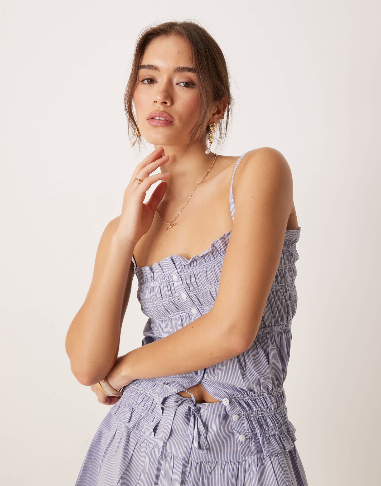 Esmee Exclusive tiered beach crop top with trim detail in blue and white stripe