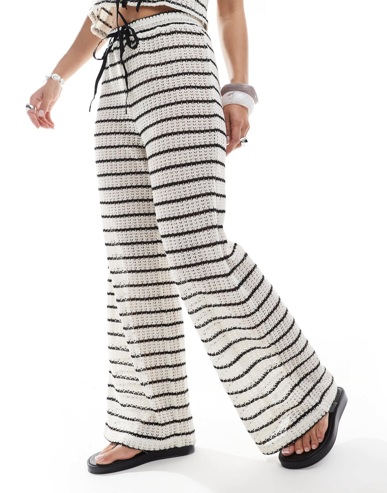 Esmee Exclusive tie front beach trousers in black and white stripe