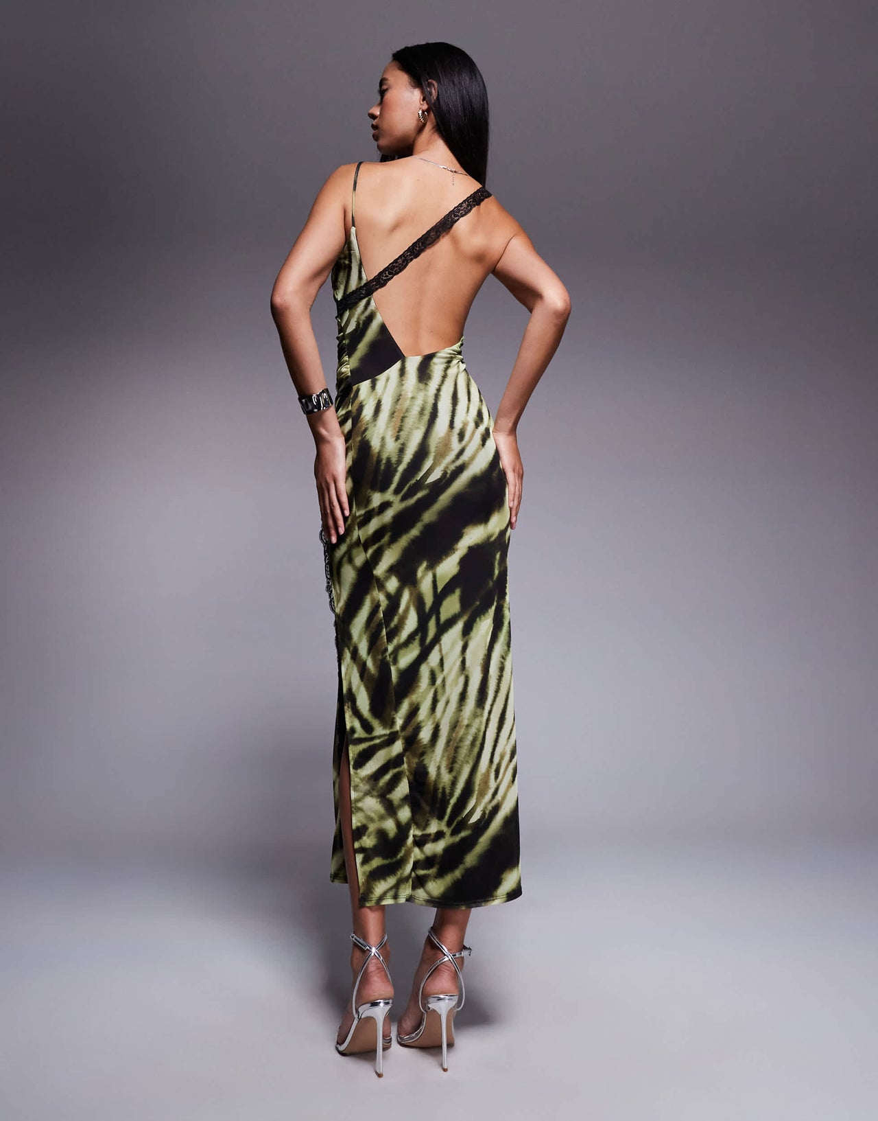 ASOS DESIGN mesh super scoop neck midi dress with asymmetric lace trim panels in zebra print