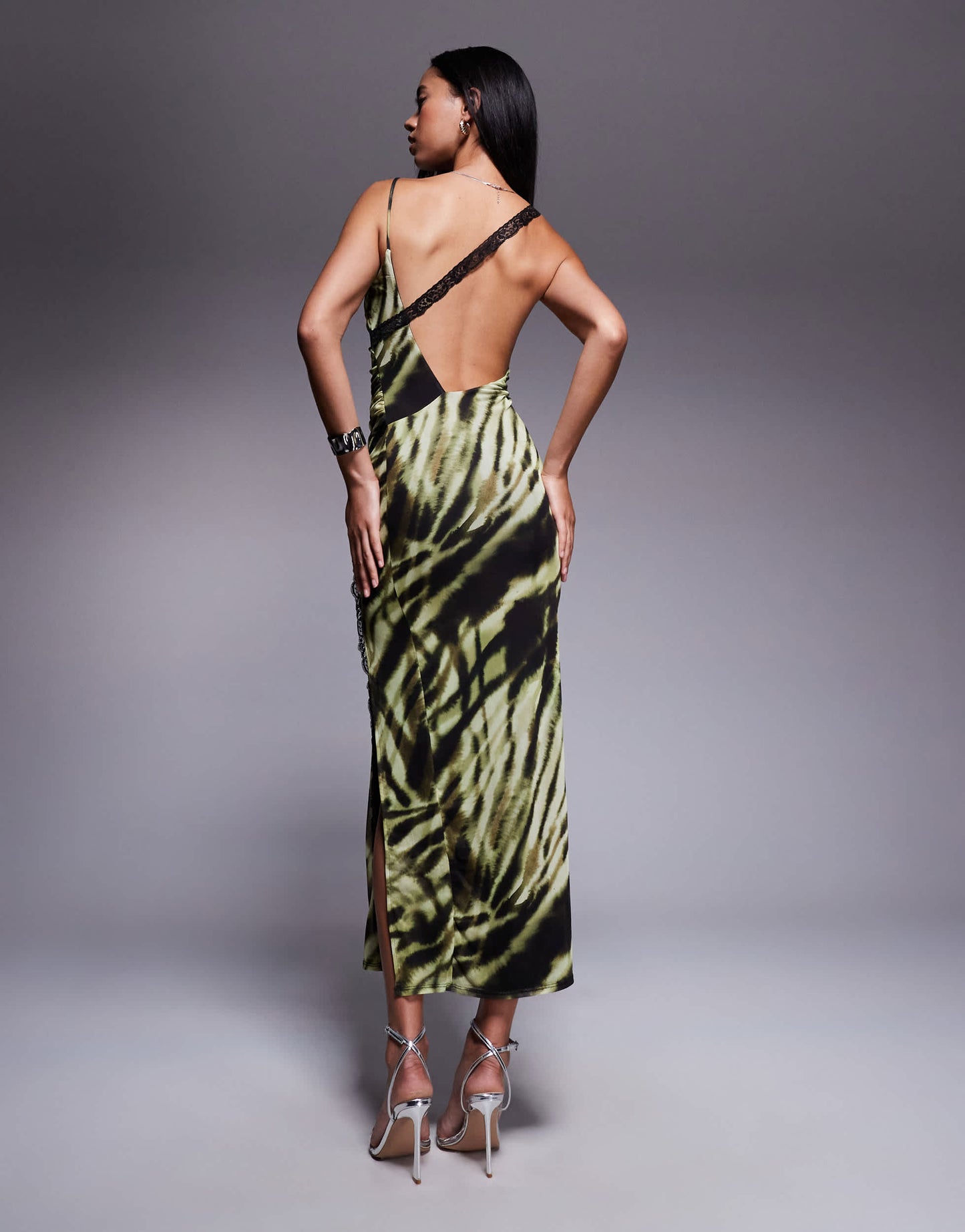 ASOS DESIGN mesh super scoop neck midi dress with asymmetric lace trim panels in zebra print