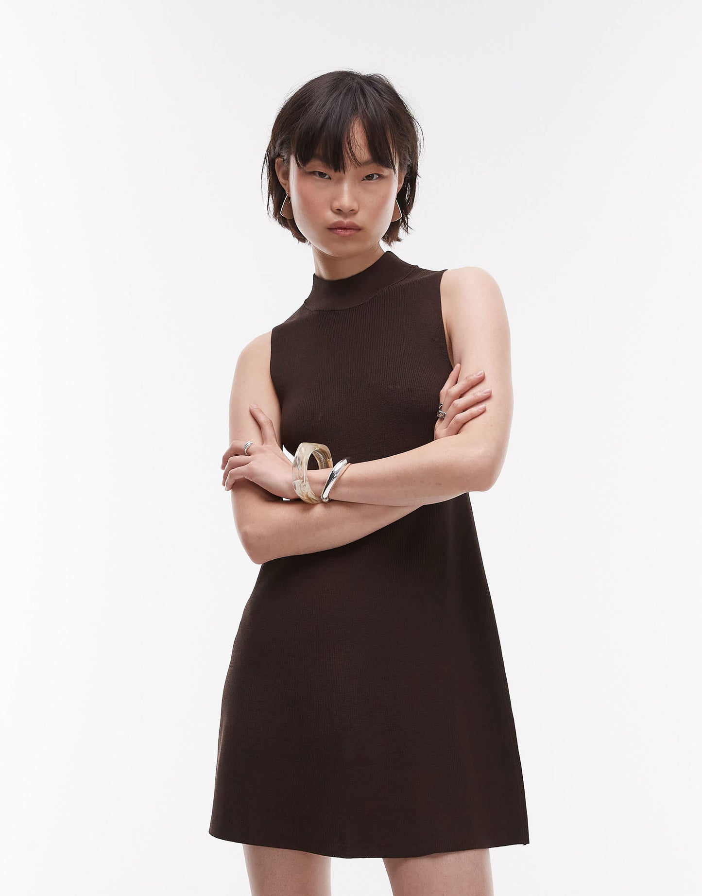 Mango compact knit mini dress in chocolate