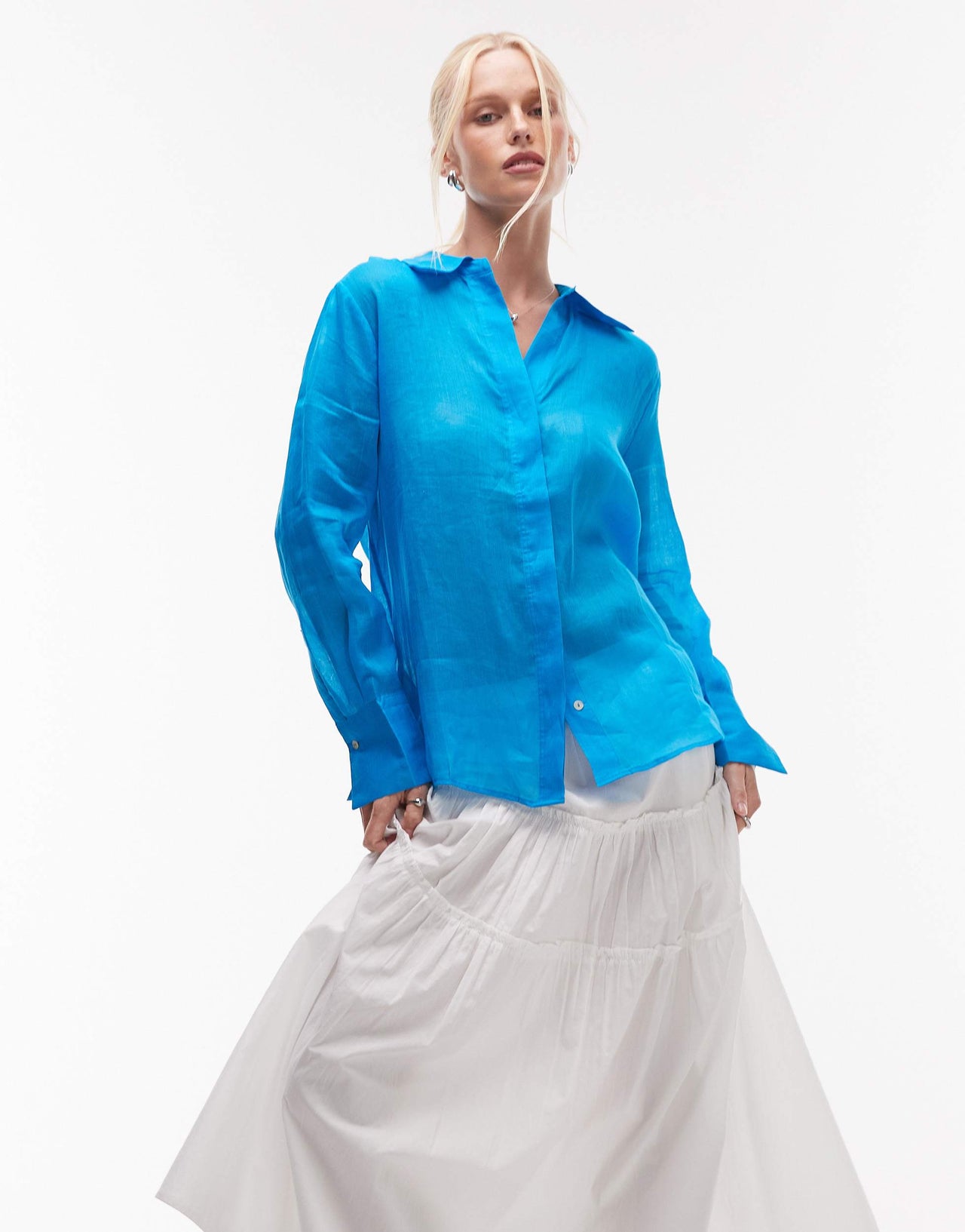 Mango ramie semi sheer long sleeve shirt in bright blue