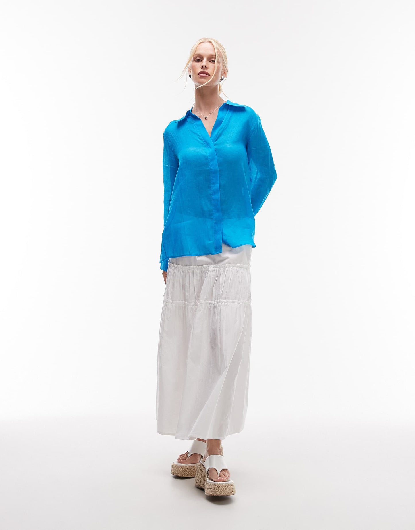 Mango ramie semi sheer long sleeve shirt in bright blue
