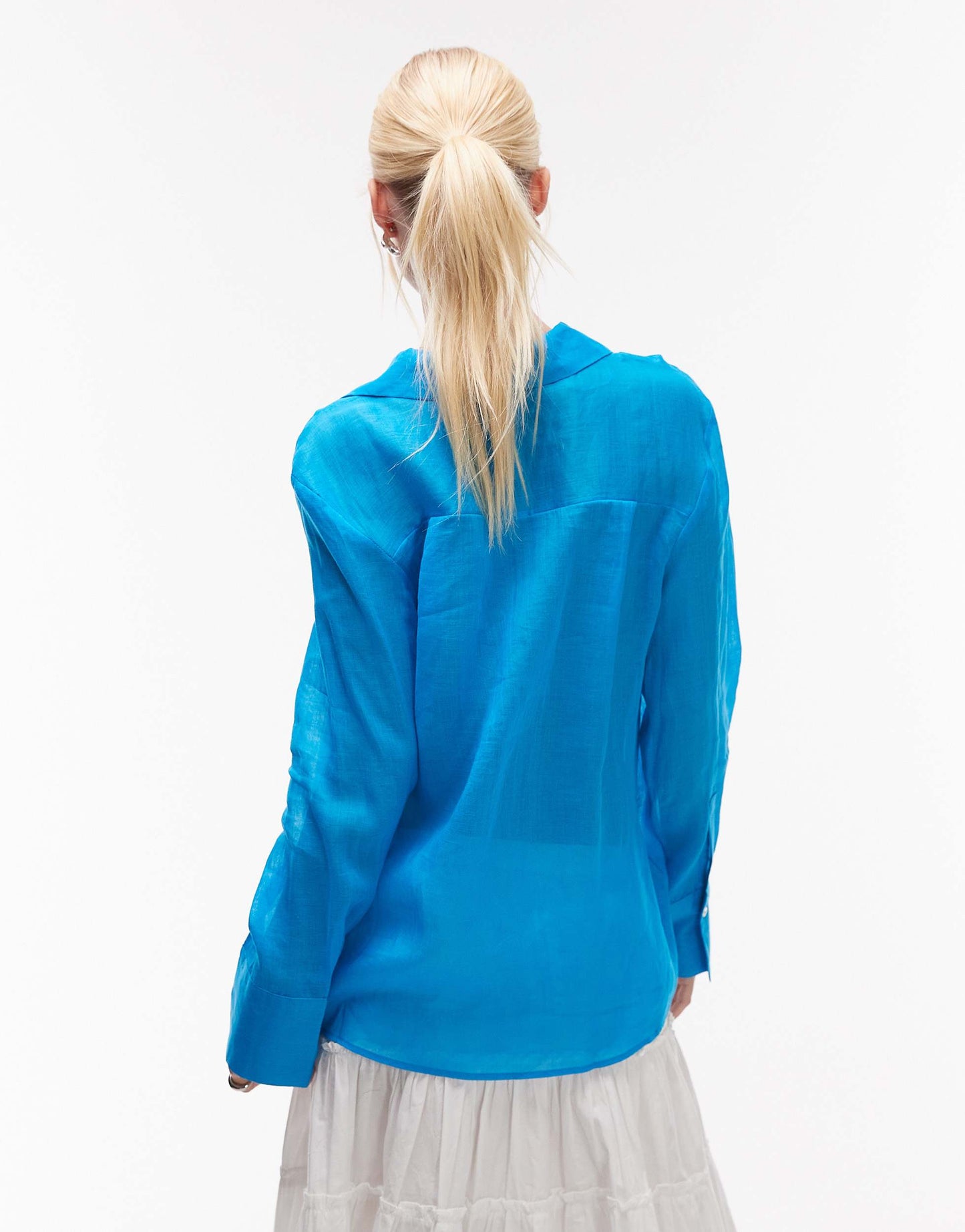 Mango ramie semi sheer long sleeve shirt in bright blue