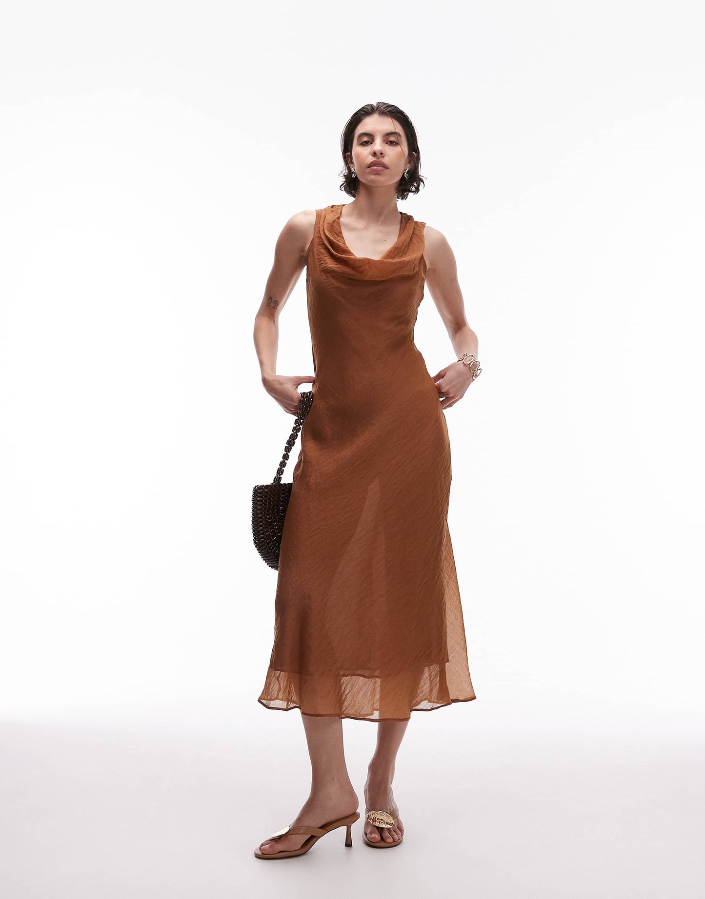 Mango cowl neck satin midi dress in brown