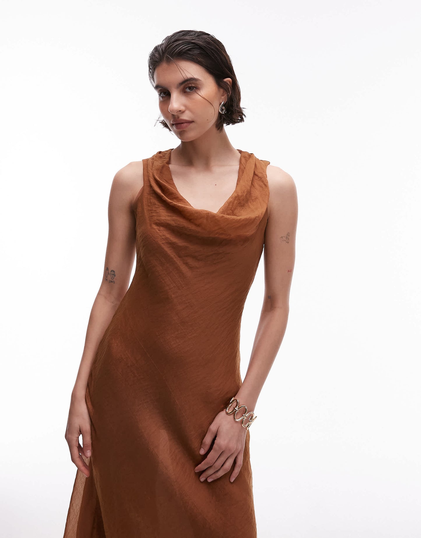 Mango cowl neck satin midi dress in brown