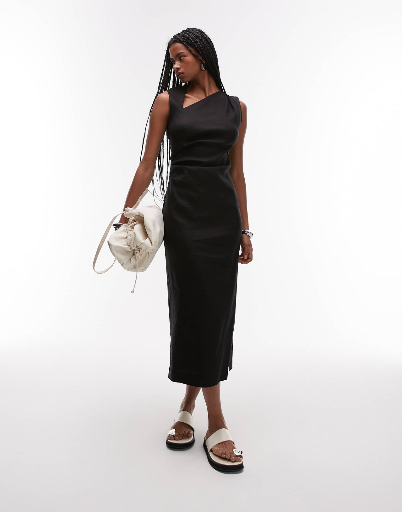 Mango cut out shoulder midi dress in black