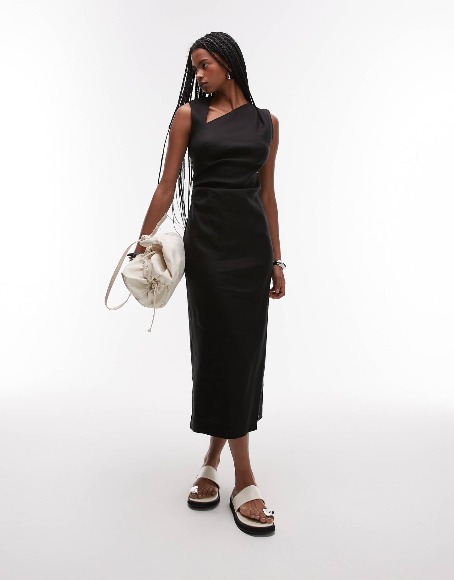 Mango cut out shoulder midi dress in black
