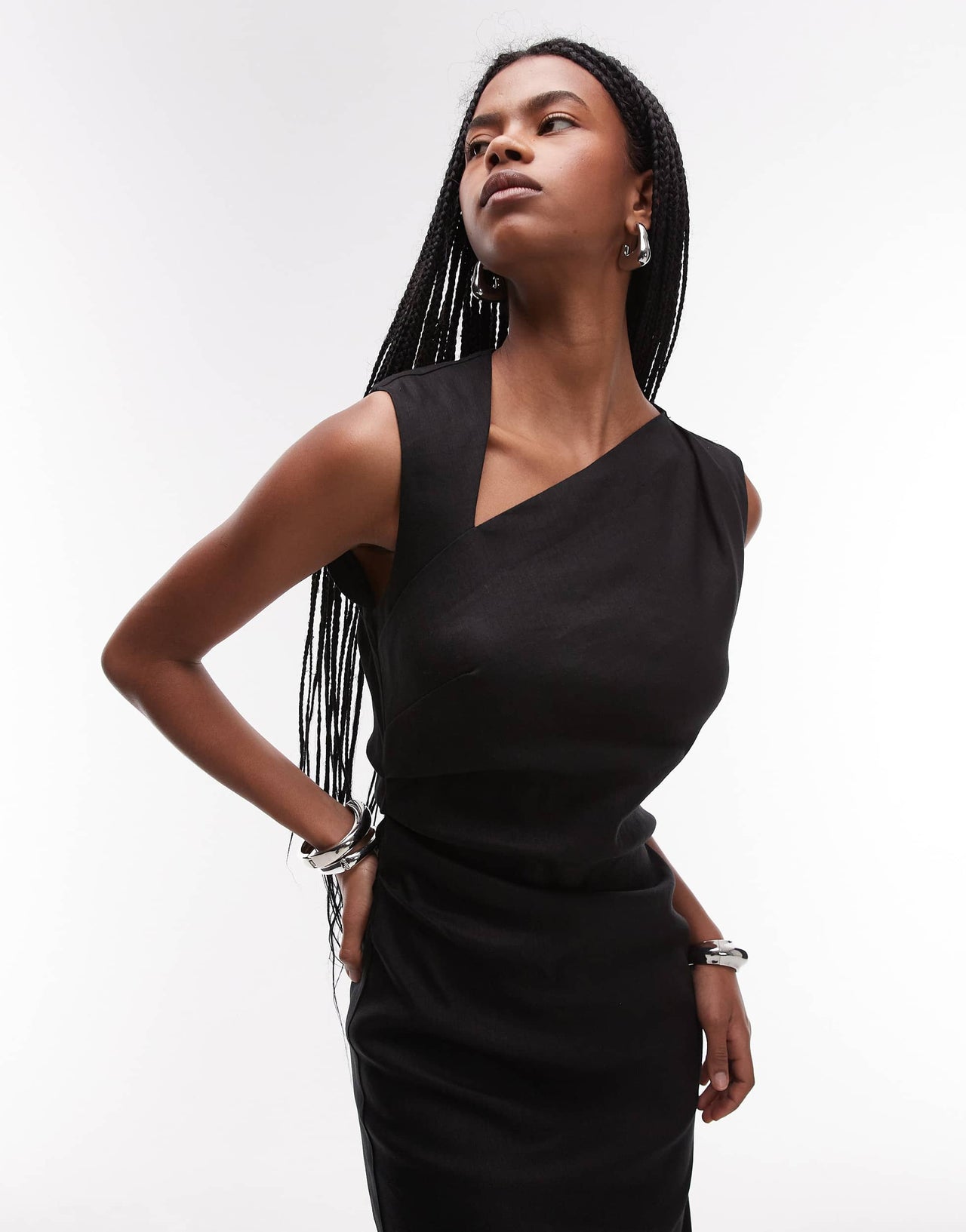 Mango cut out shoulder midi dress in black