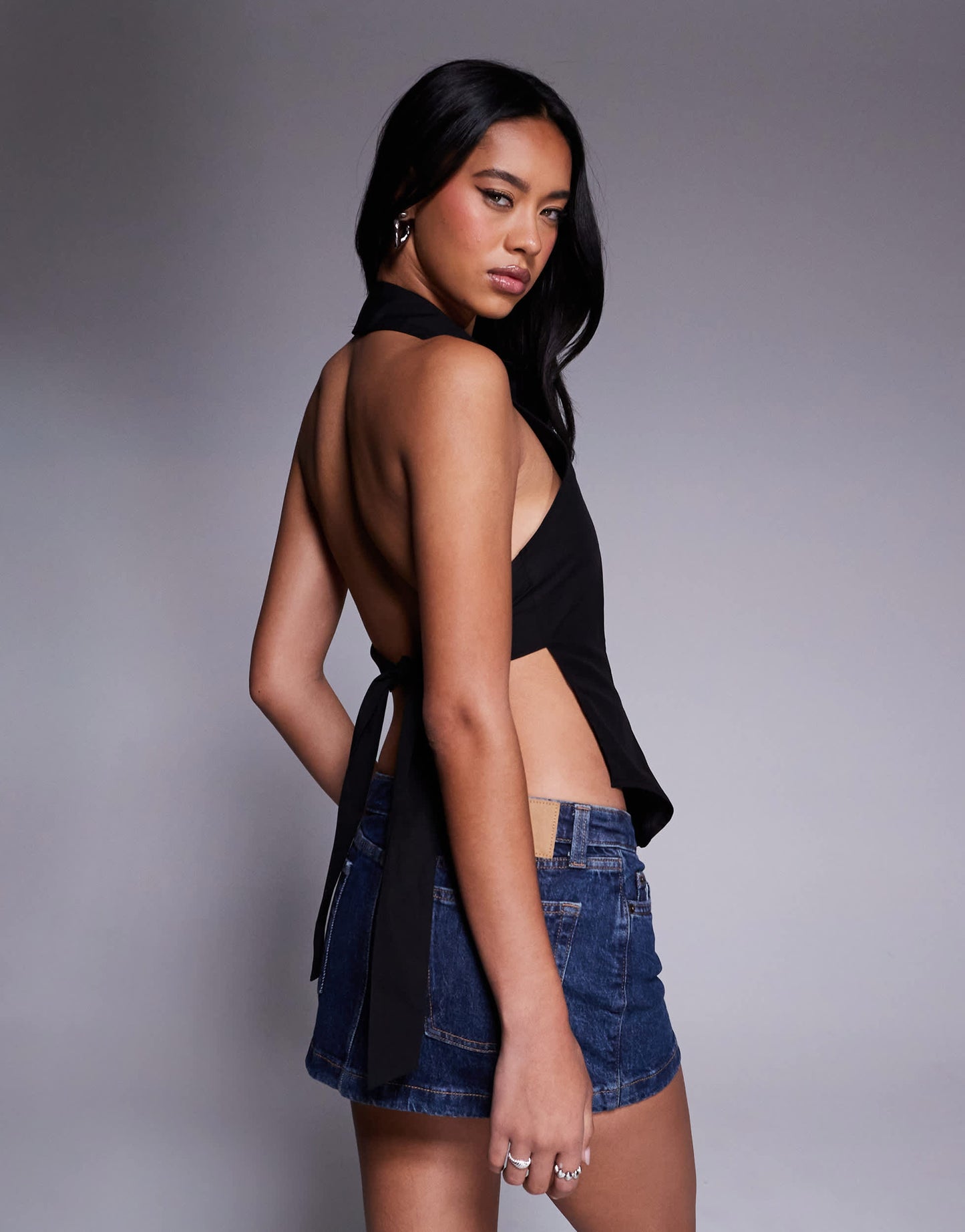 ASOS DESIGN halterneck tie back sleeveless shirt in Black