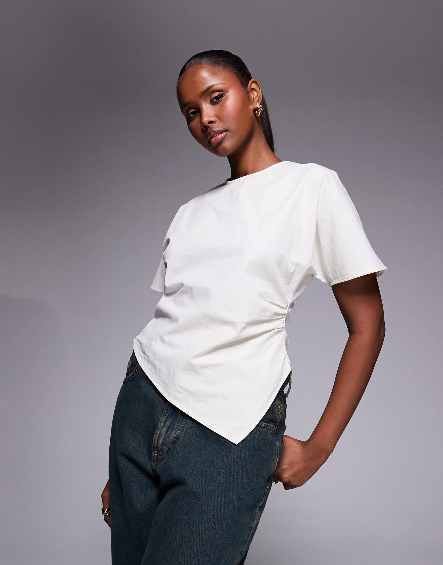 ASOS DESIGN asym ruched detail woven tee in cream
