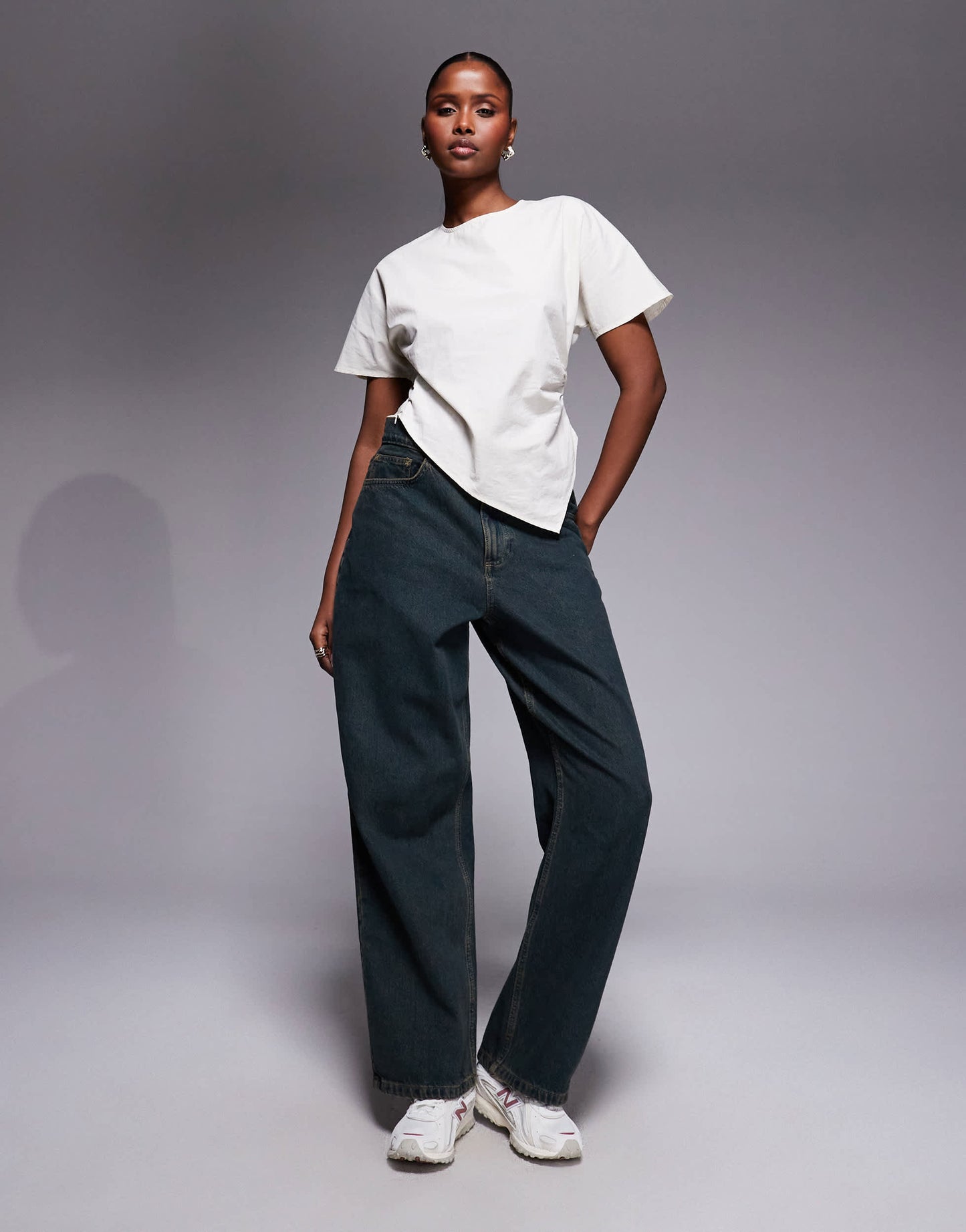 ASOS DESIGN asym ruched detail woven tee in cream