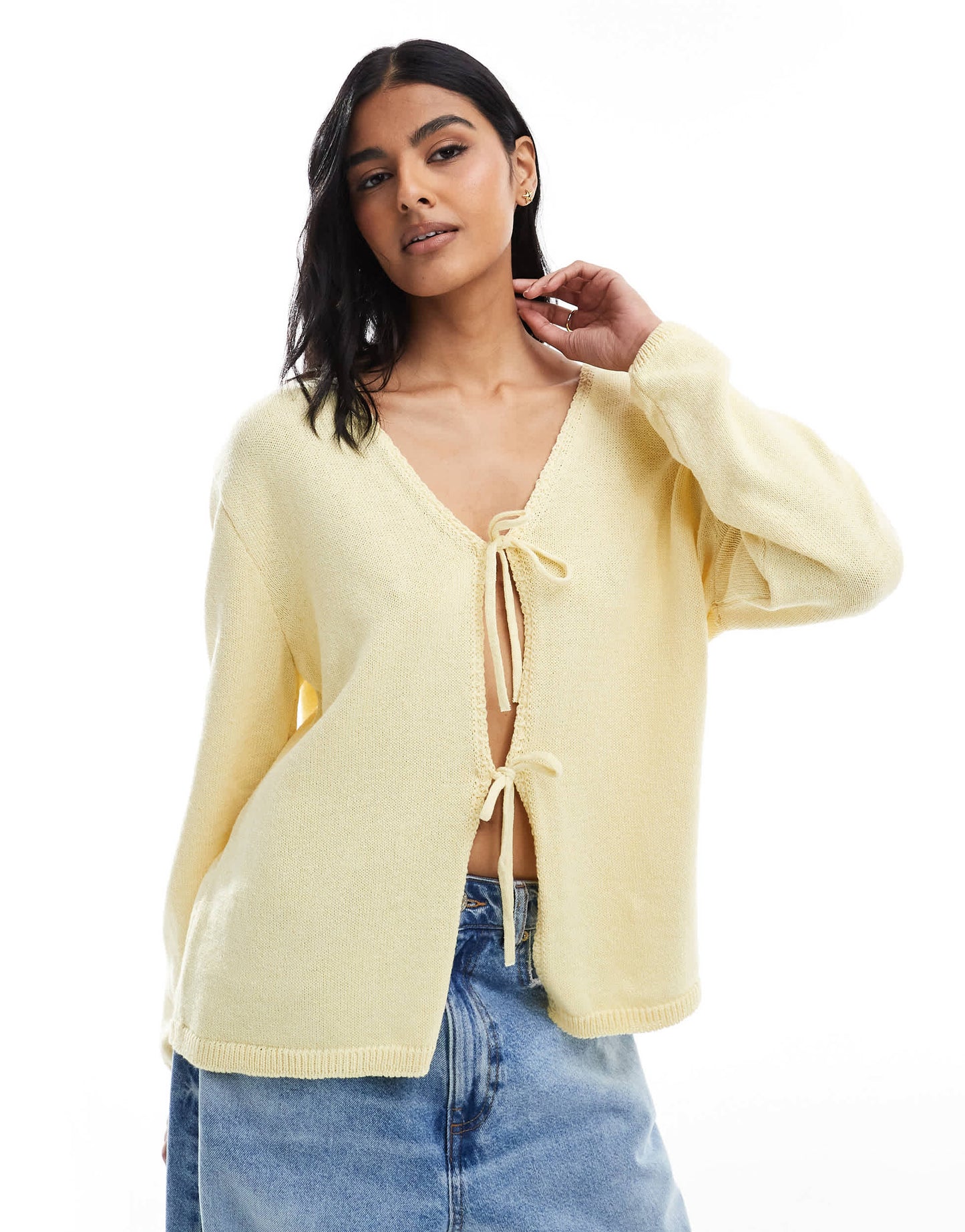 ASOS DESIGN v neck knitted oversized tie front cardigan in buttermilk yellow