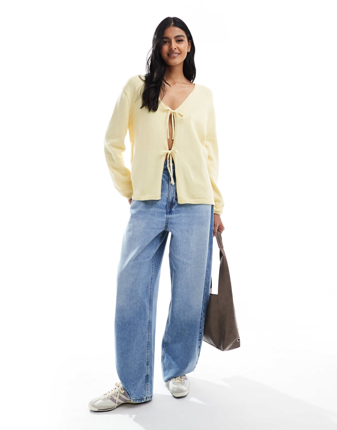 ASOS DESIGN v neck knitted oversized tie front cardigan in buttermilk yellow