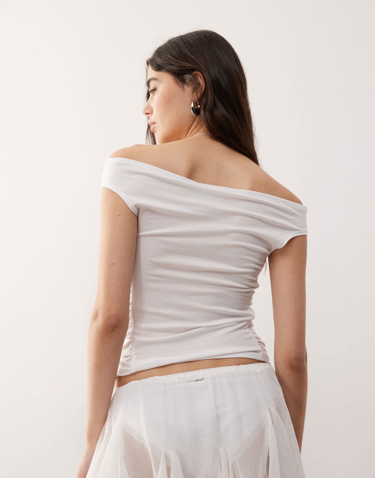 Weekday off shoulder bardot top with ruched side detail in white