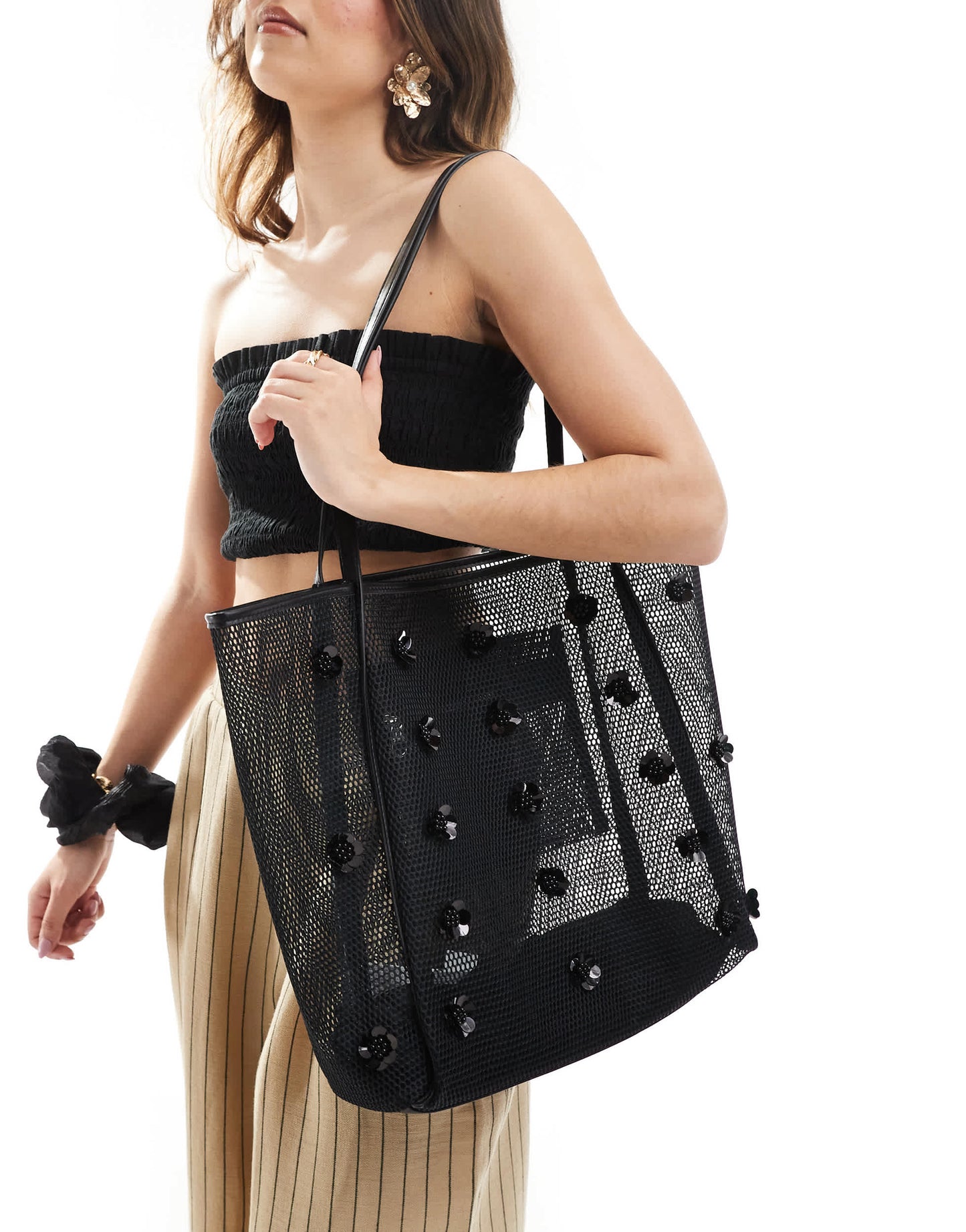 Stradivarius embelished large mesh shopper bag in black