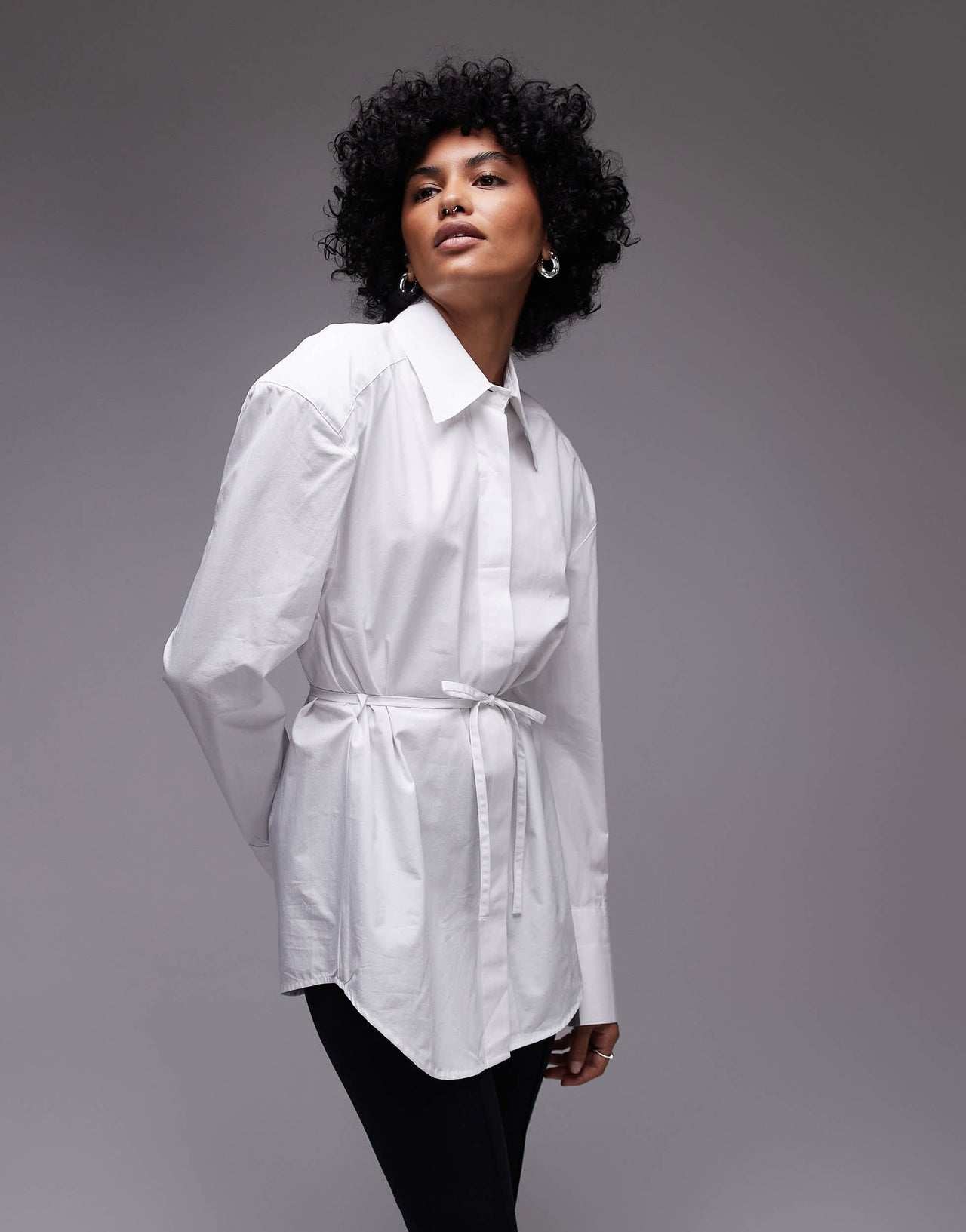 ASOS DESIGN cinch waist shirt with shoulder pads in white