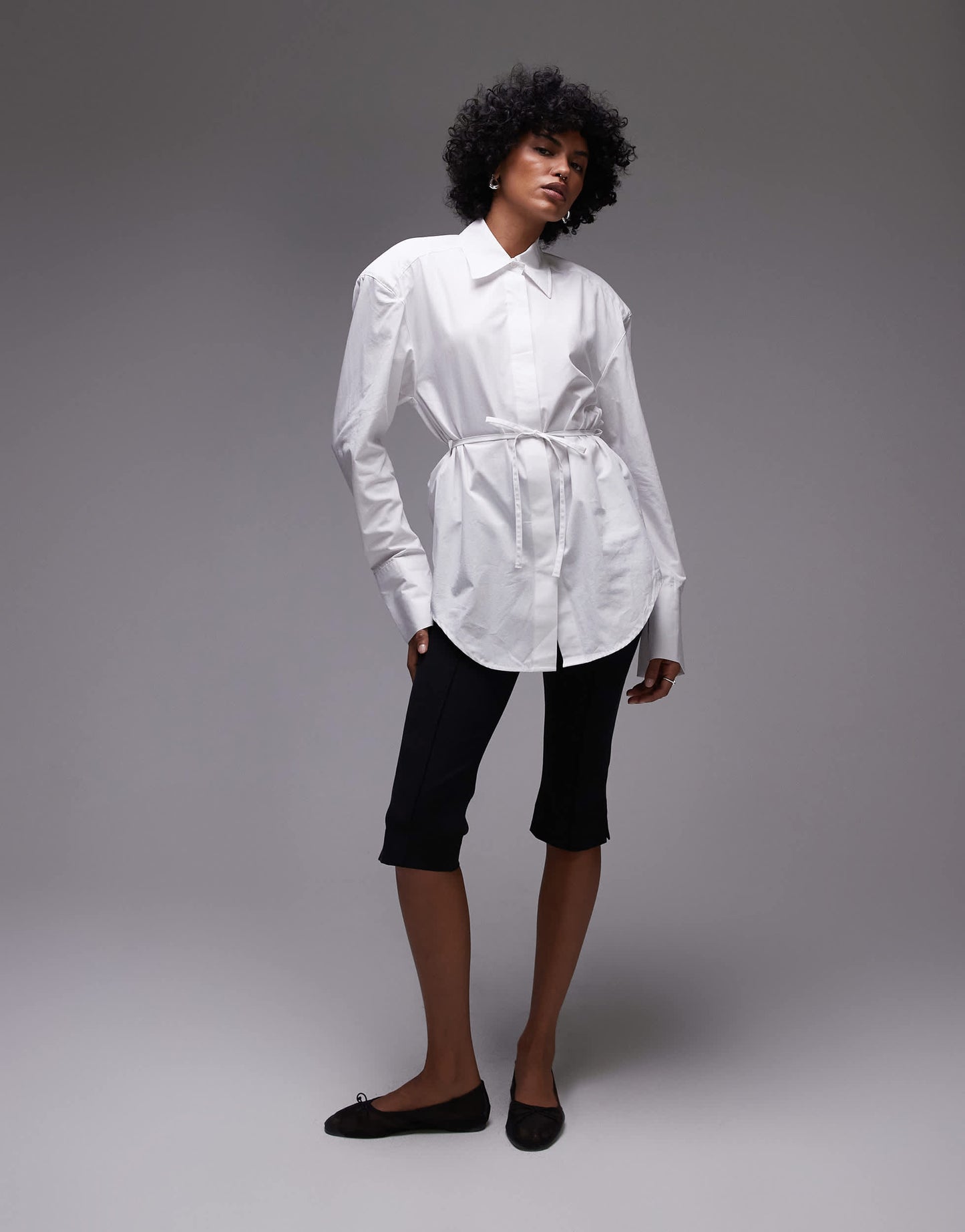 ASOS DESIGN cinch waist shirt with shoulder pads in white