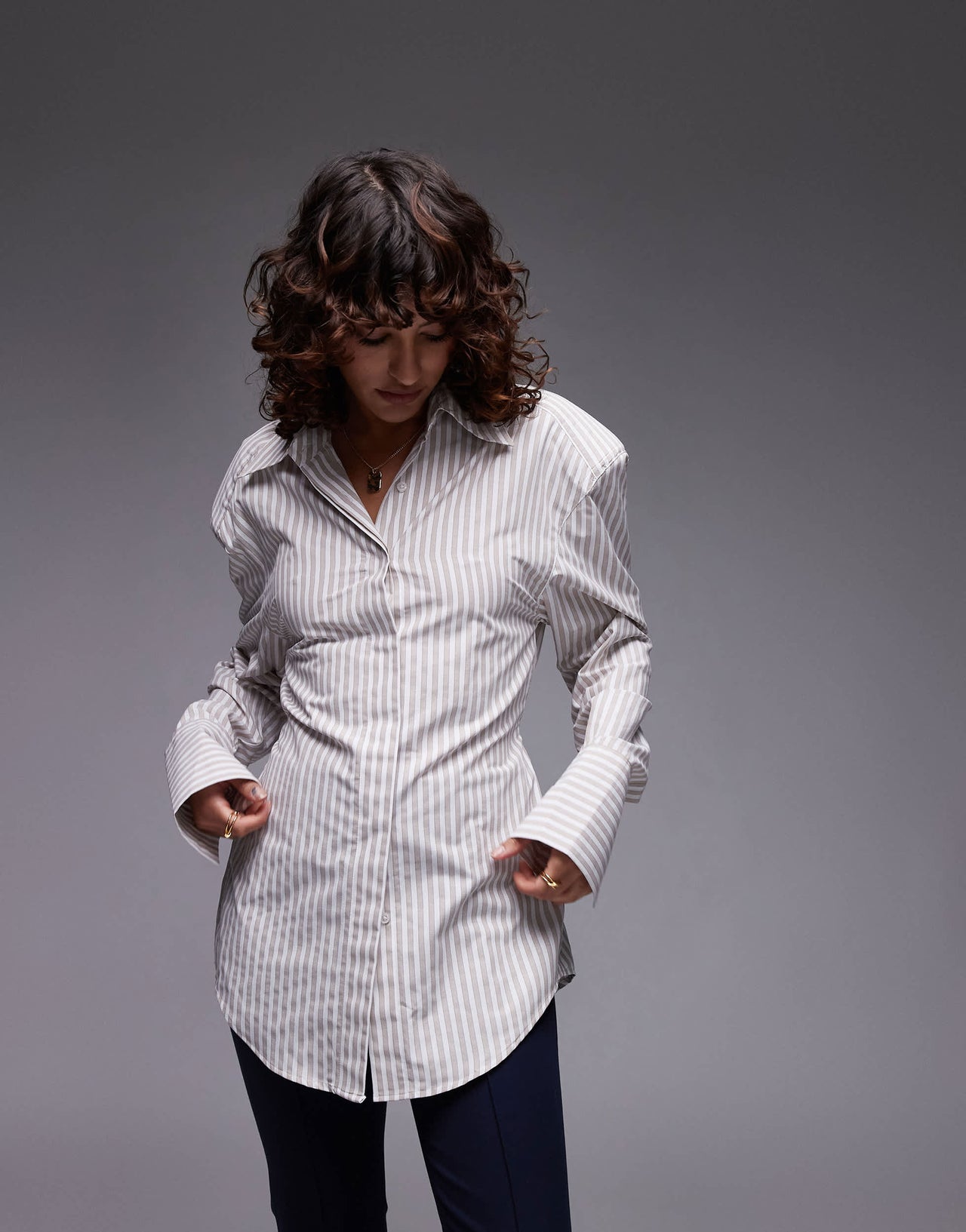 ASOS DESIGN cinch waist shirt with shoulder pads in brown stripe