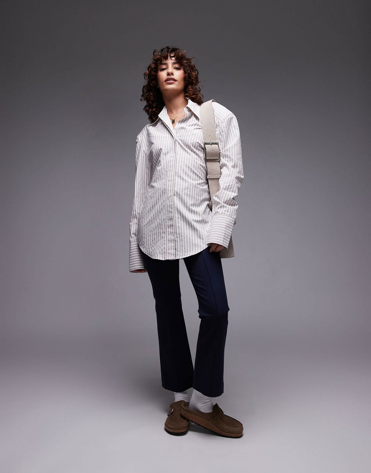 ASOS DESIGN cinch waist shirt with shoulder pads in brown stripe