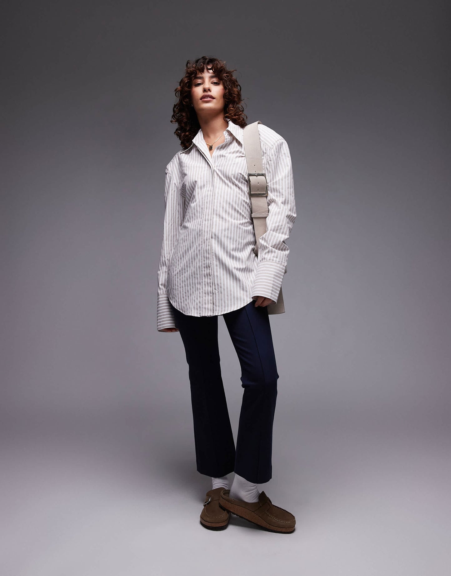 ASOS DESIGN cinch waist shirt with shoulder pads in brown stripe
