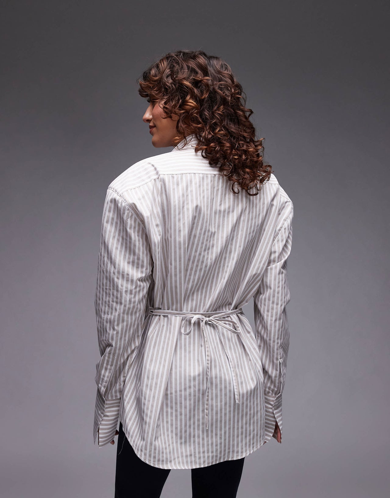 ASOS DESIGN cinch waist shirt with shoulder pads in brown stripe