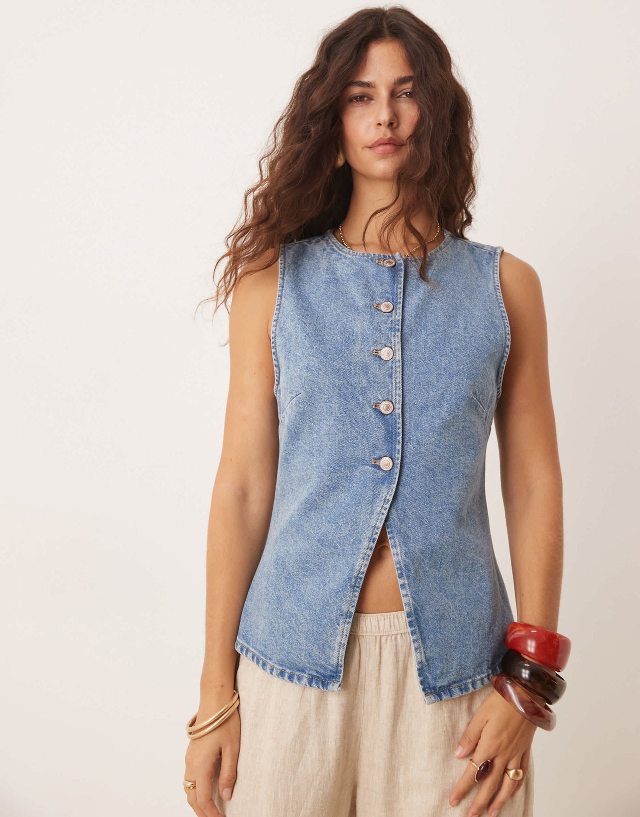 Free People button detail denim top in blue