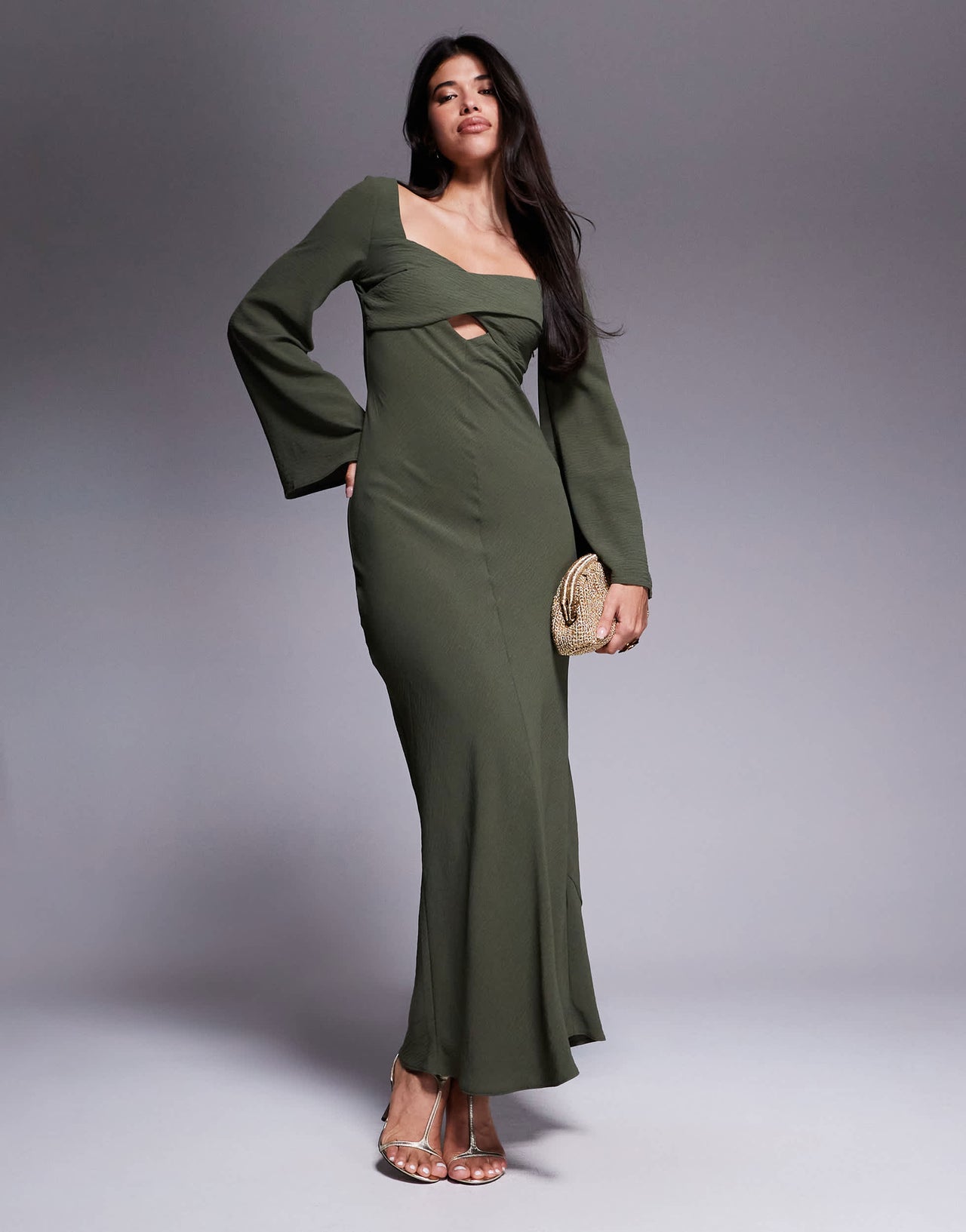 ASOS DESIGN satin cross bust cutout detail midi dress in dark khaki