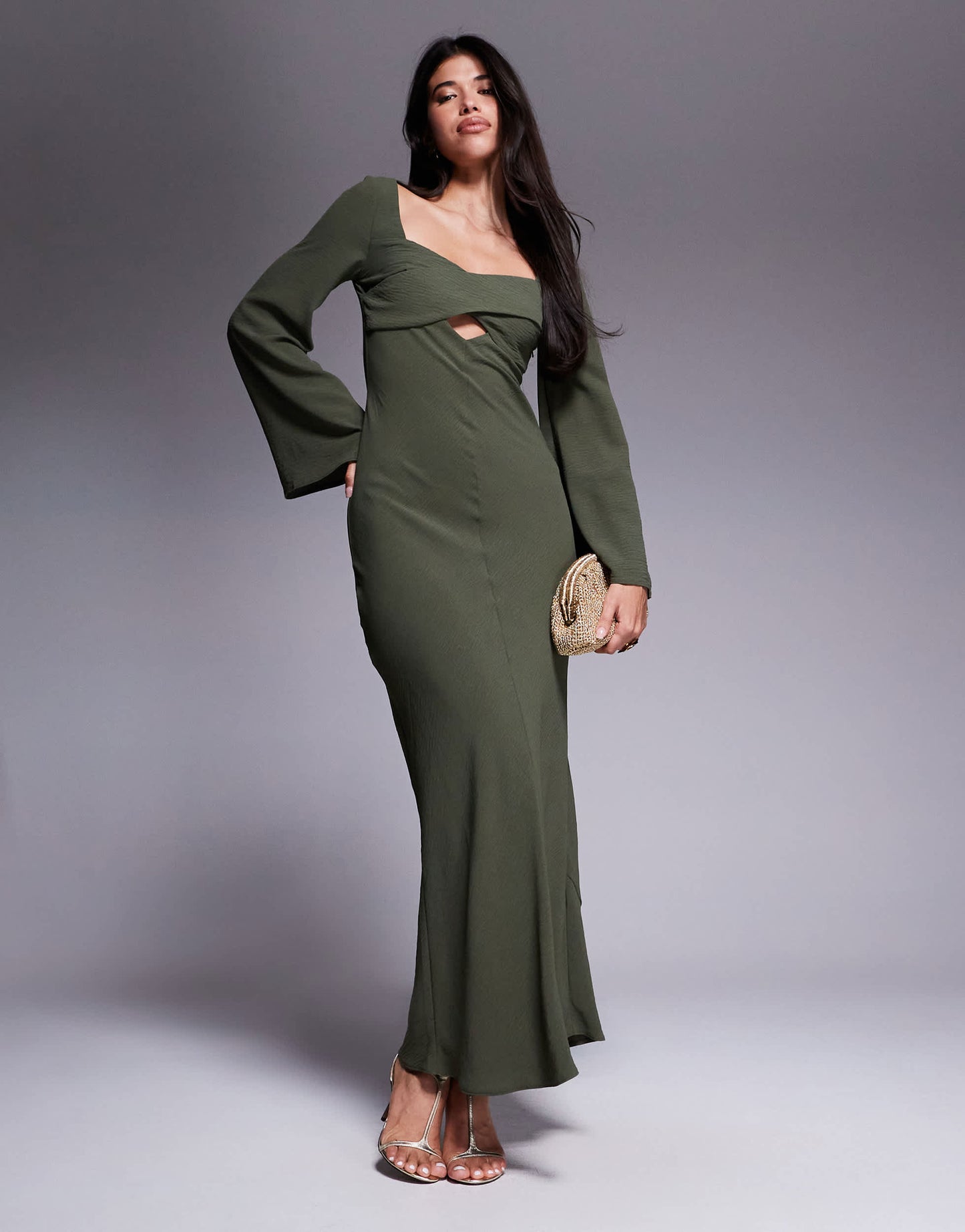 ASOS DESIGN satin cross bust cutout detail midi dress in dark khaki