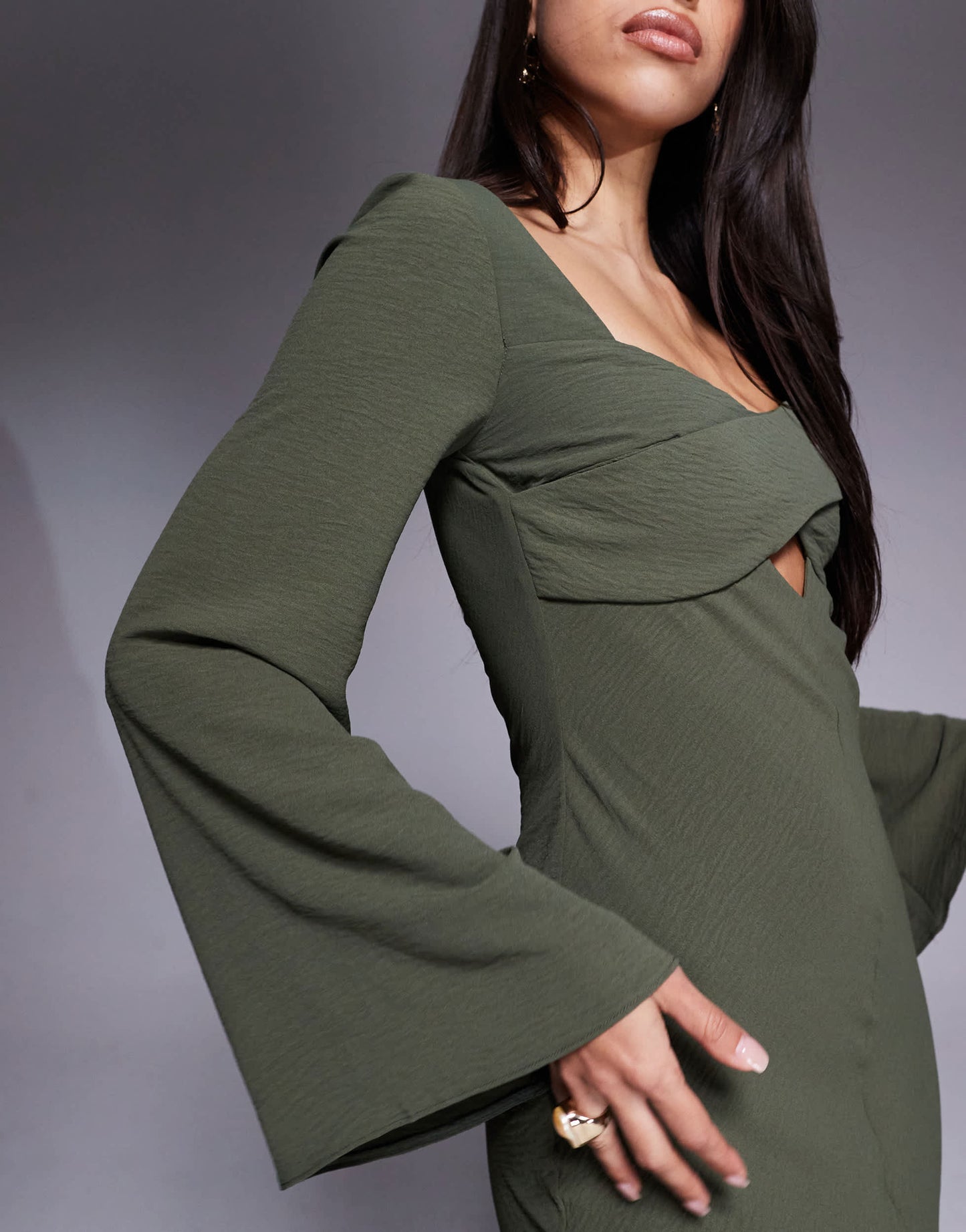 ASOS DESIGN satin cross bust cutout detail midi dress in dark khaki