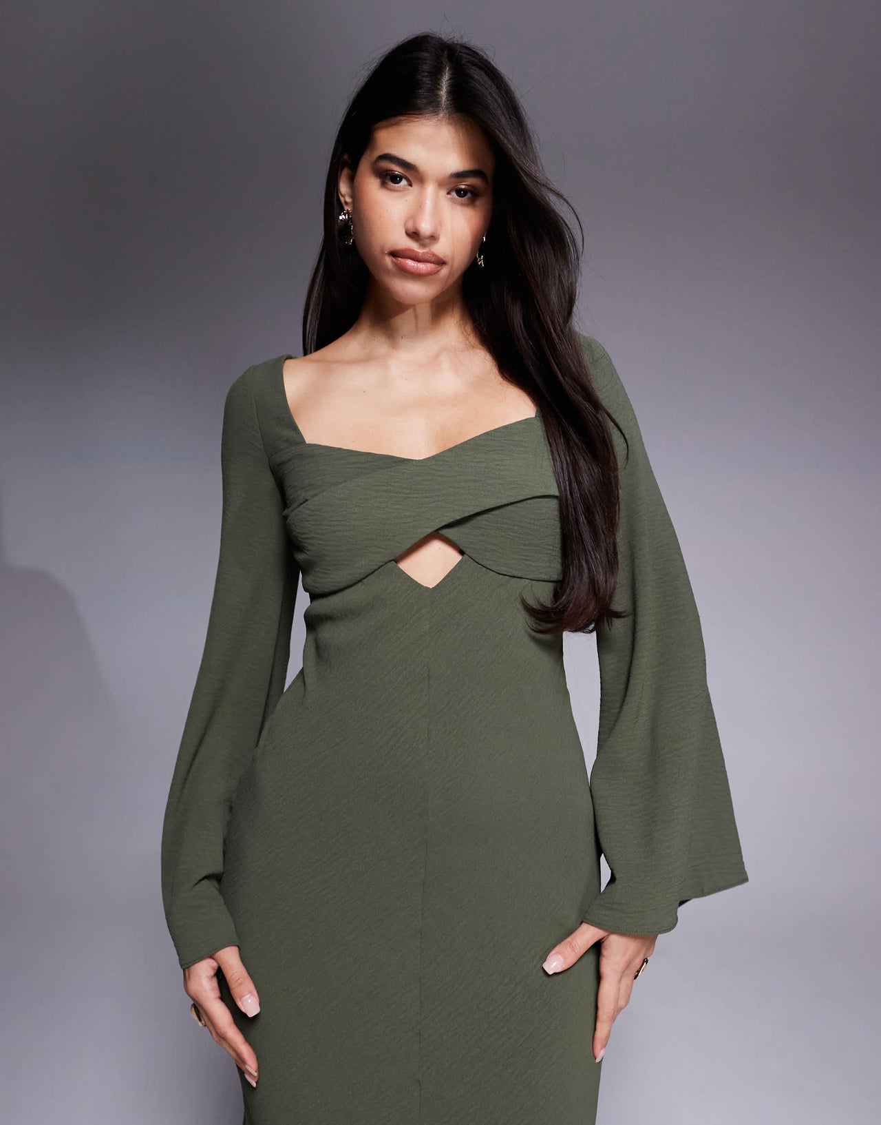 ASOS DESIGN satin cross bust cutout detail midi dress in dark khaki