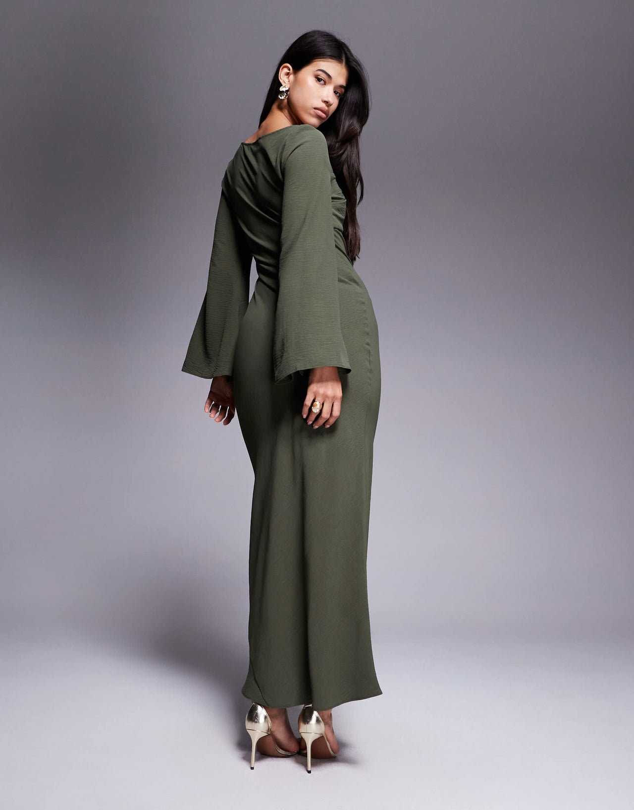 ASOS DESIGN satin cross bust cutout detail midi dress in dark khaki