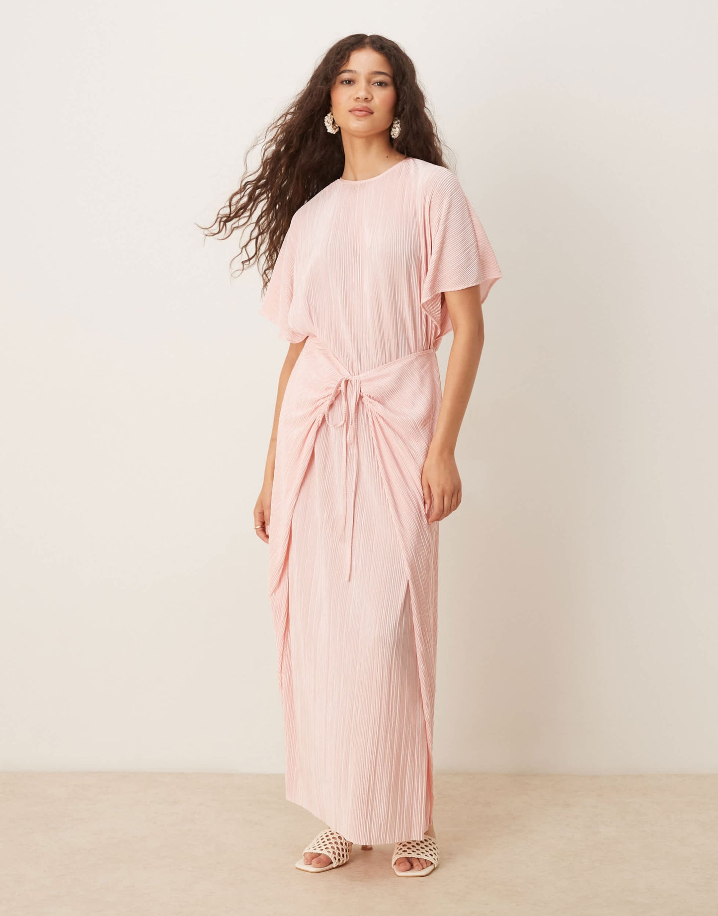 ASOS DESIGN plisse short sleeve wrap tie maxi dress in baby pink