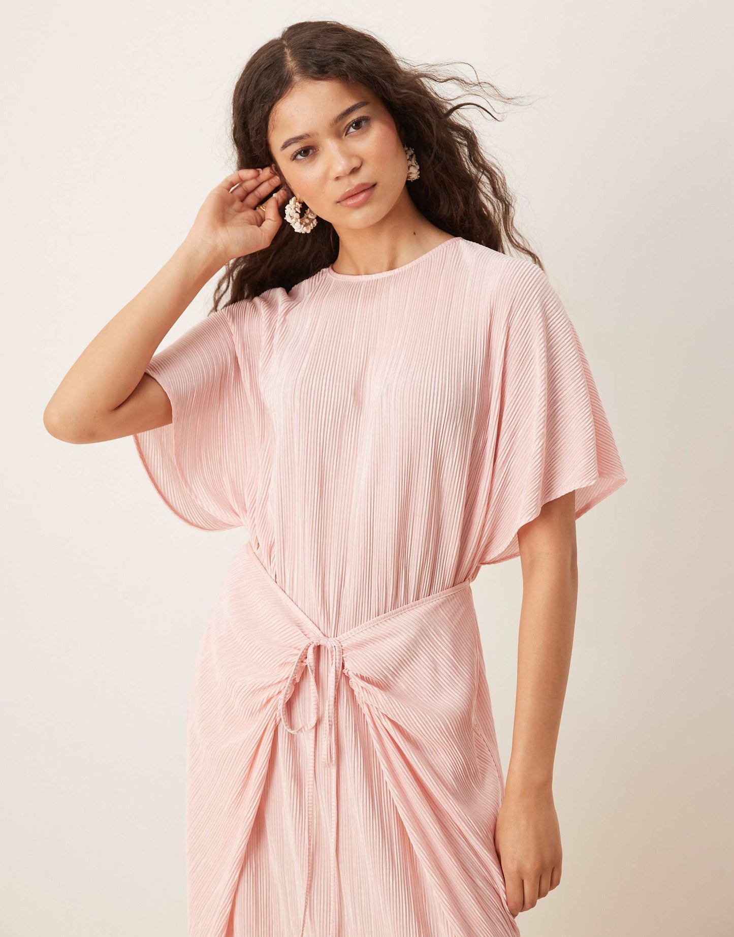 ASOS DESIGN plisse short sleeve wrap tie maxi dress in baby pink