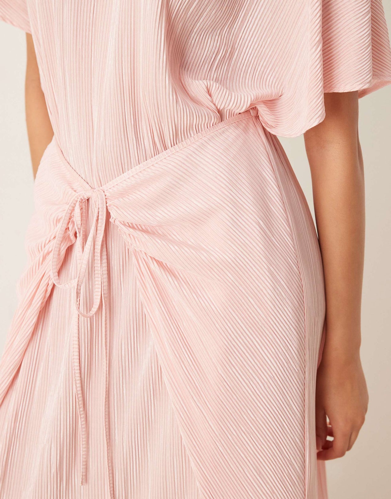 ASOS DESIGN plisse short sleeve wrap tie maxi dress in baby pink