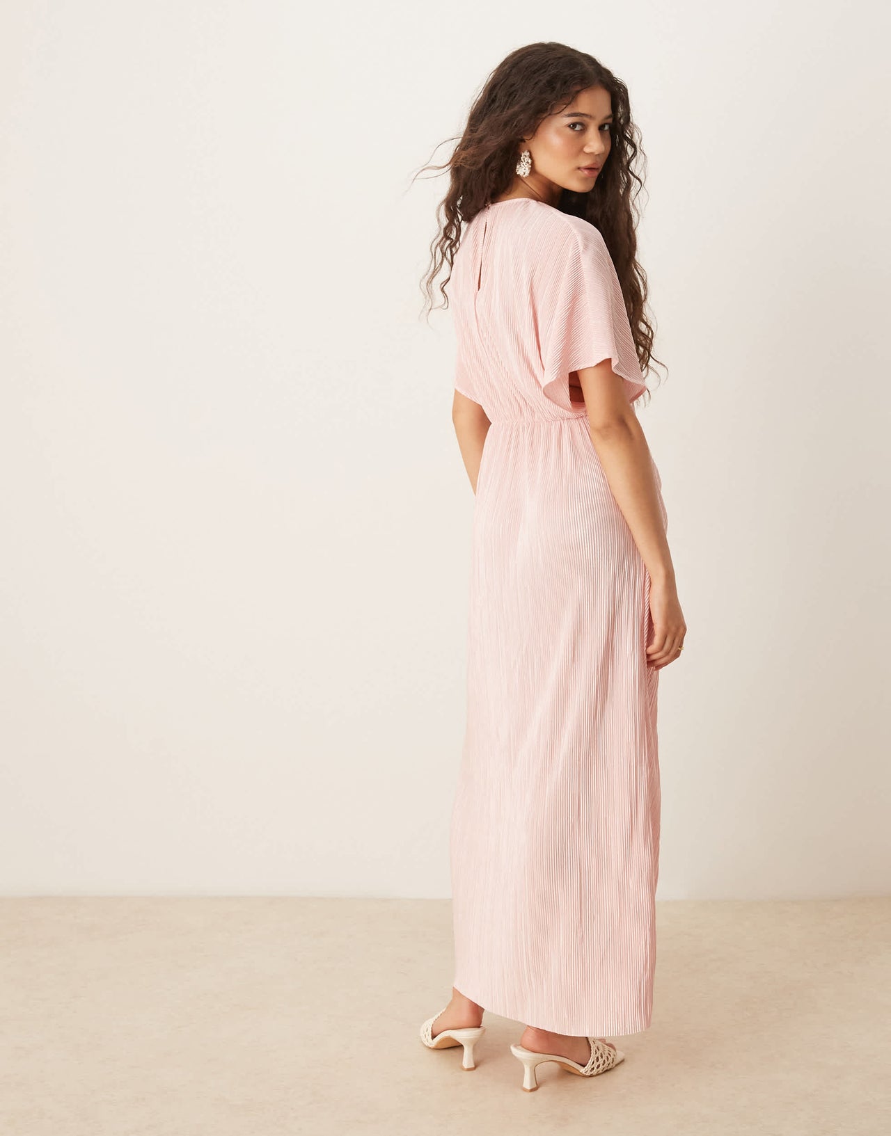 ASOS DESIGN plisse short sleeve wrap tie maxi dress in baby pink