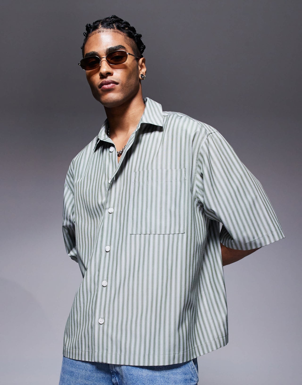 ASOS DESIGN oversized half sleeve stripe shirt in green