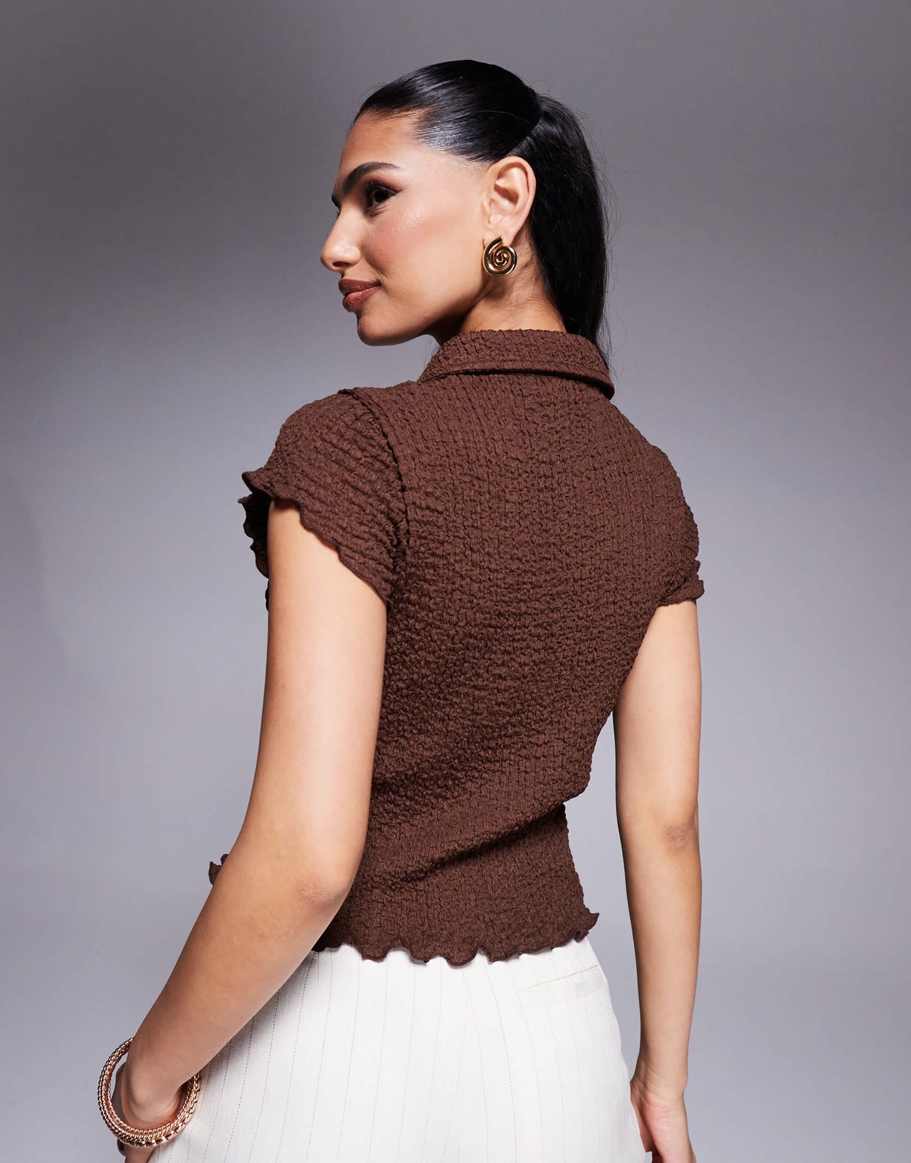 ASOS DESIGN textured button up short sleeve top in chocolate