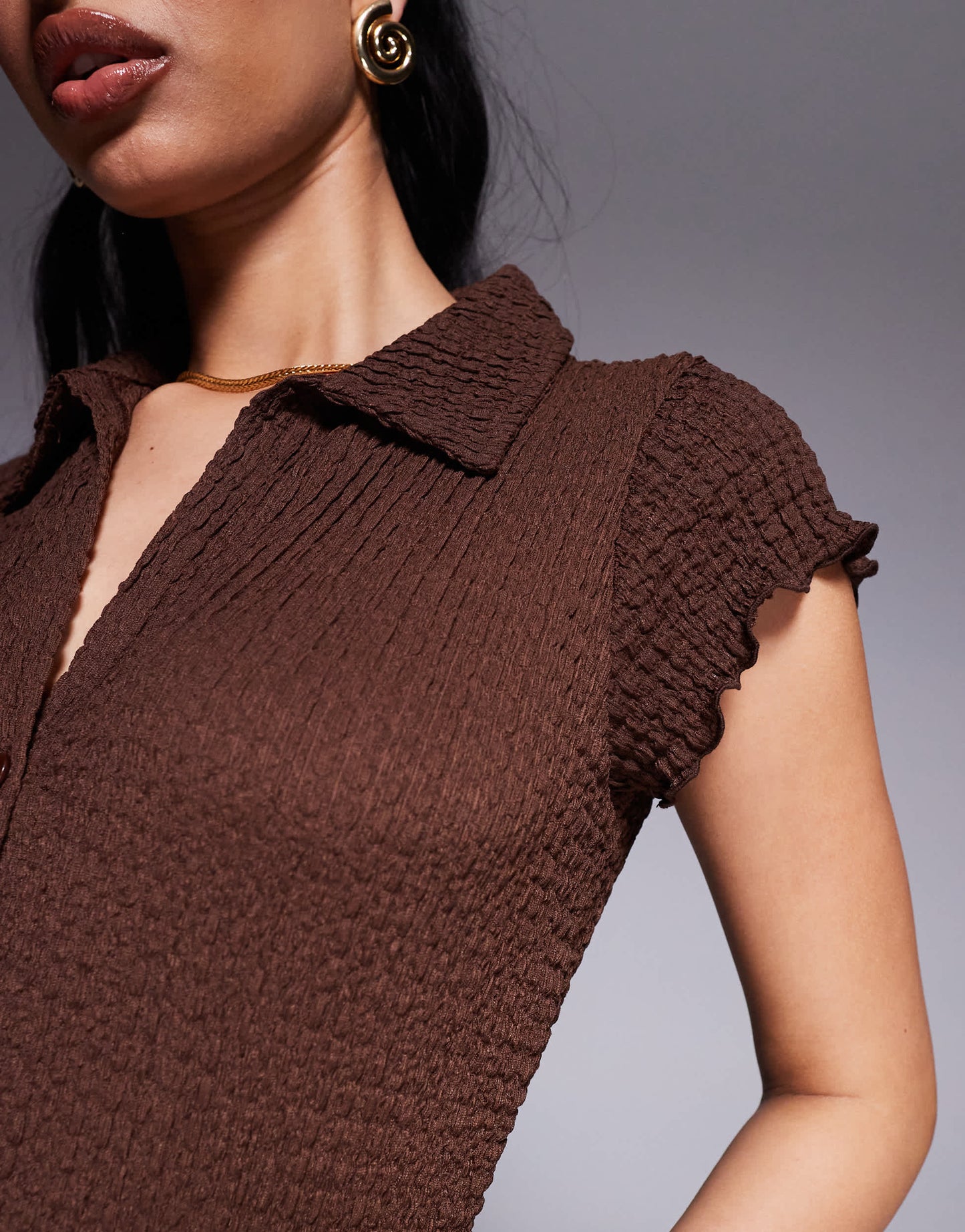 ASOS DESIGN textured button up short sleeve top in chocolate