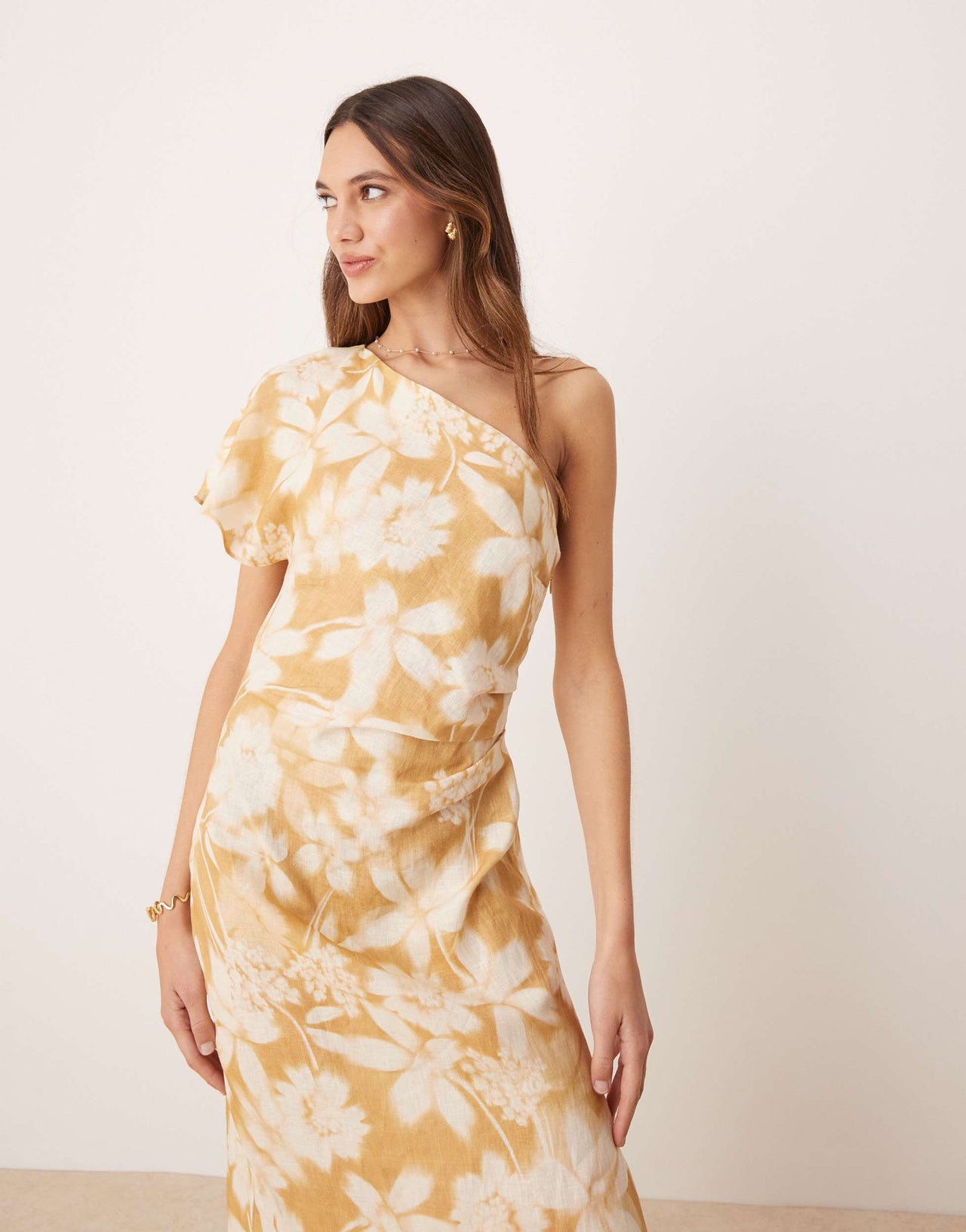 Mango one shouder floral midaxi dress in buttermilk