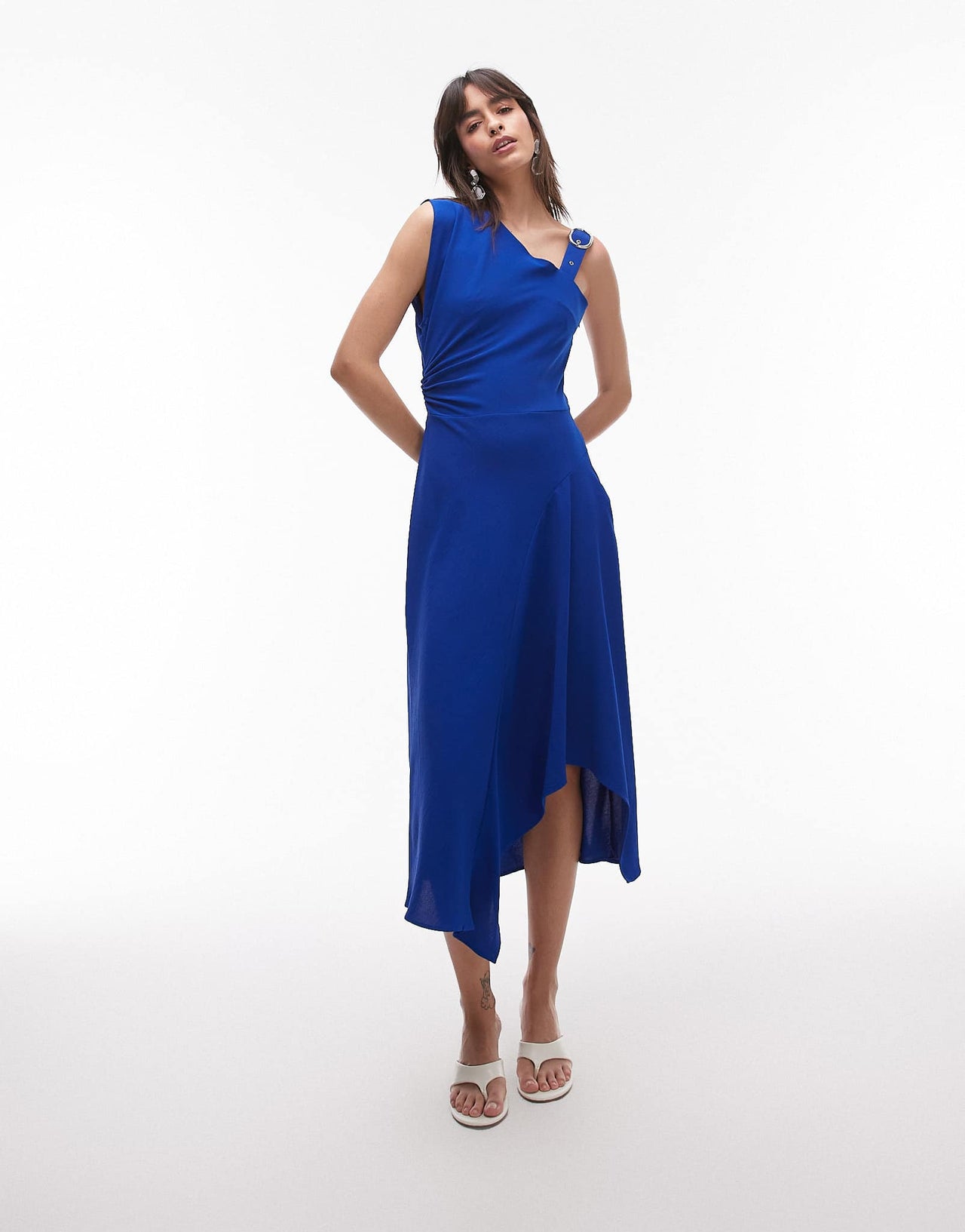 Mango asymetric midaxi dress with buckle detail shoulder in blue