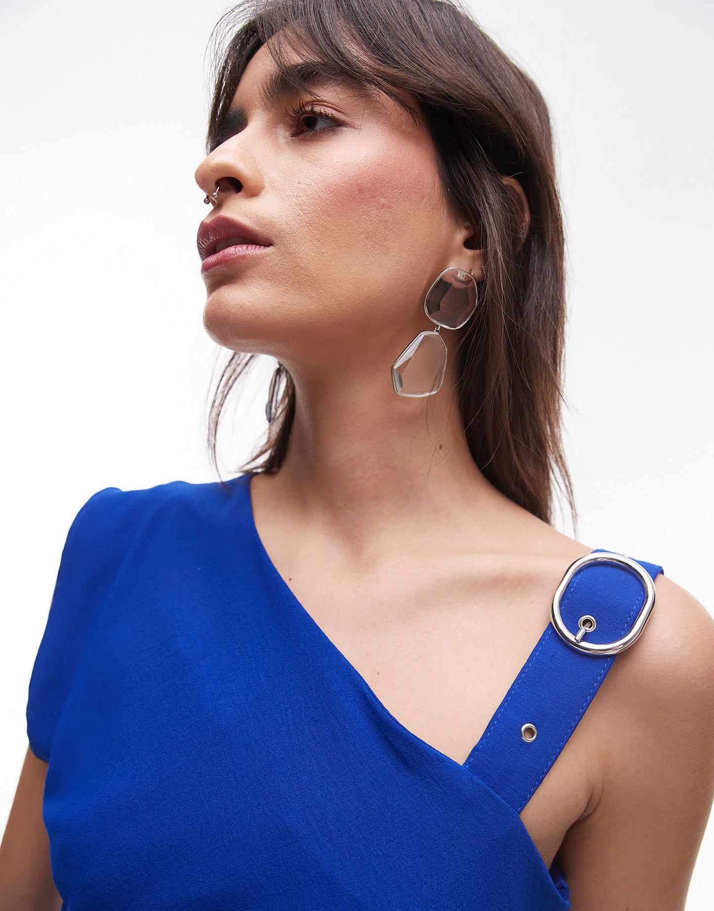 Mango asymetric midaxi dress with buckle detail shoulder in blue