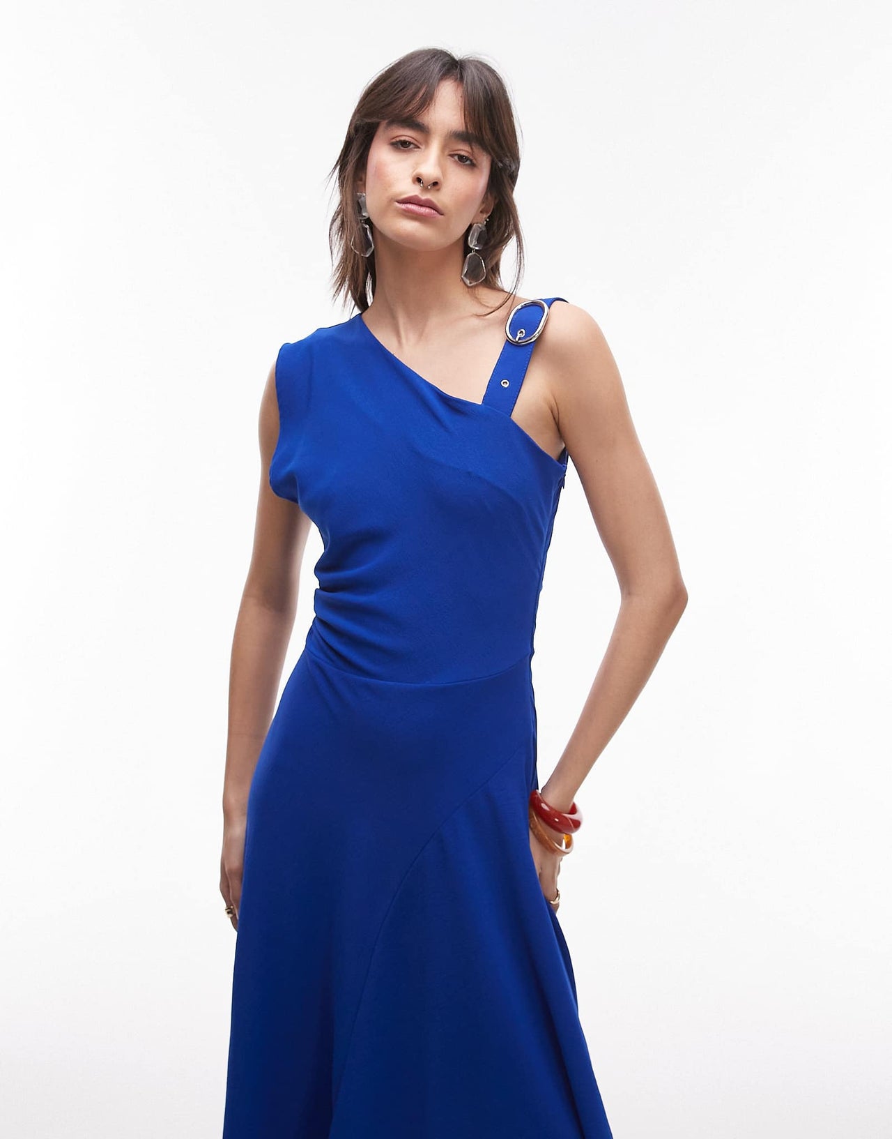 Mango asymetric midaxi dress with buckle detail shoulder in blue